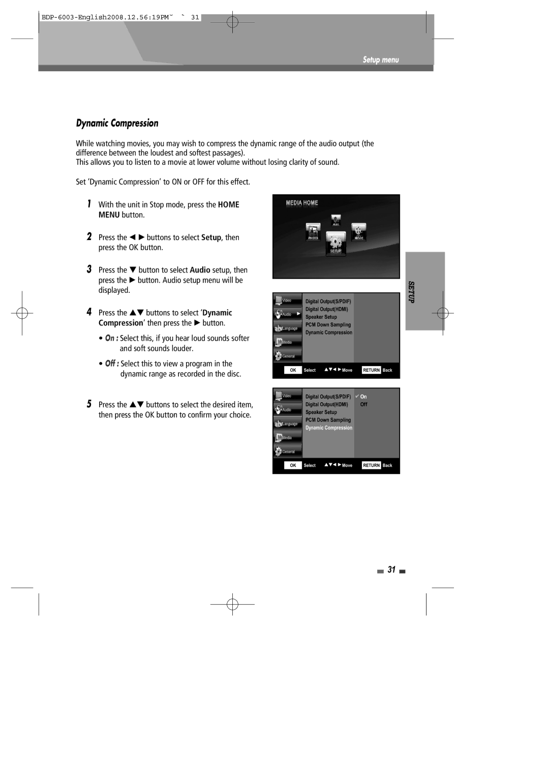 Sherwood BDP-6003 instruction manual Dynamic Compression 