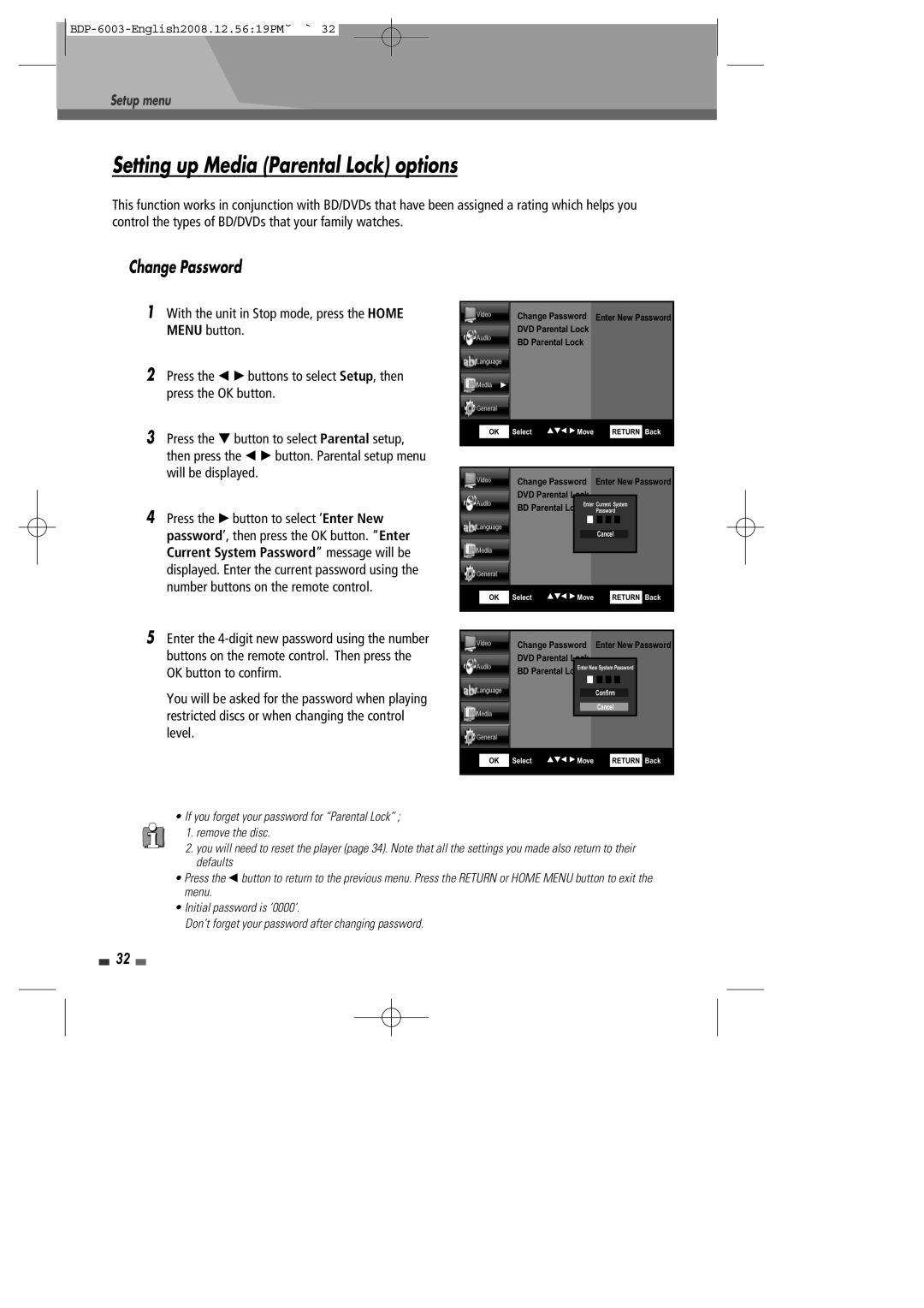 Sherwood BDP-6003 instruction manual Setting up Media Parental Lock options, Change Password 