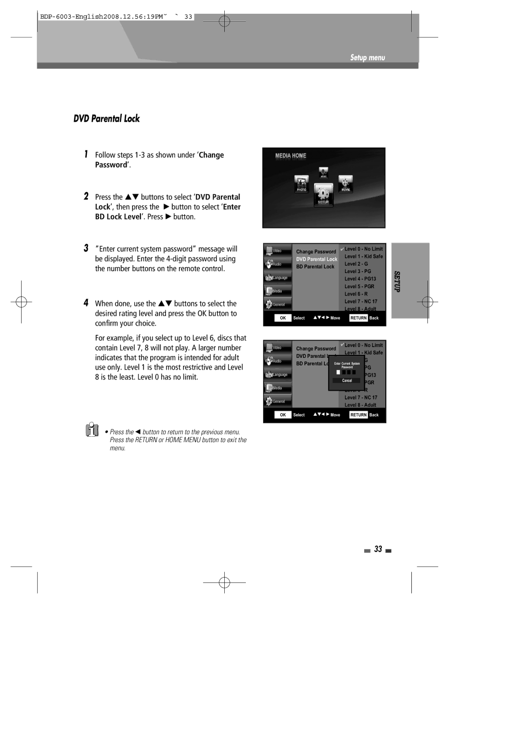 Sherwood BDP-6003 instruction manual DVD Parental Lock, Follow steps 1-3 as shown under ‘Change Password’ 