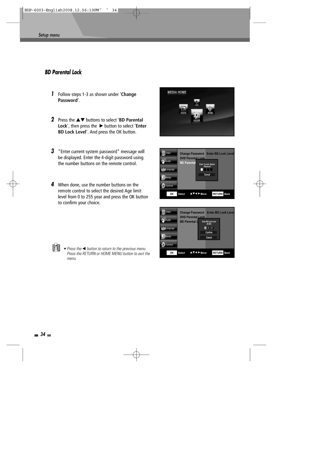 Sherwood BDP-6003 instruction manual BD Parental Lock 