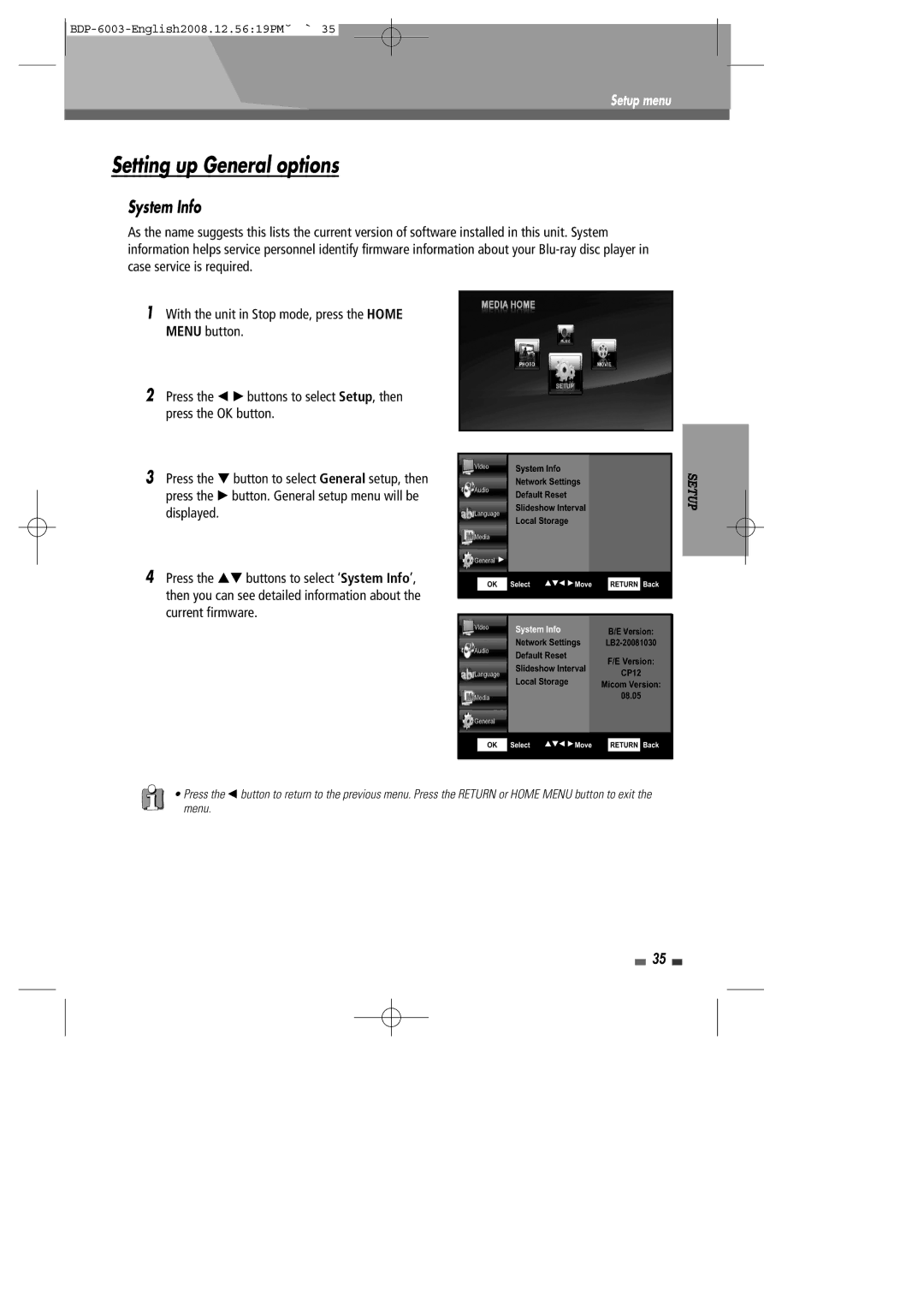 Sherwood BDP-6003 instruction manual Setting up General options, System Info 