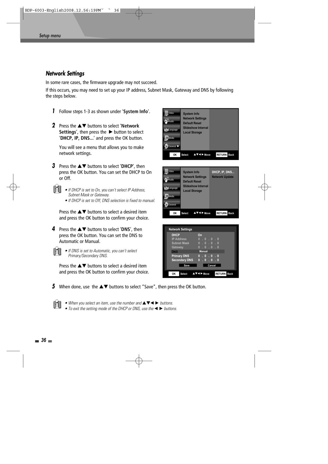 Sherwood BDP-6003 instruction manual Network Settings, Follow steps 1-3 as shown under ‘System Info’ 