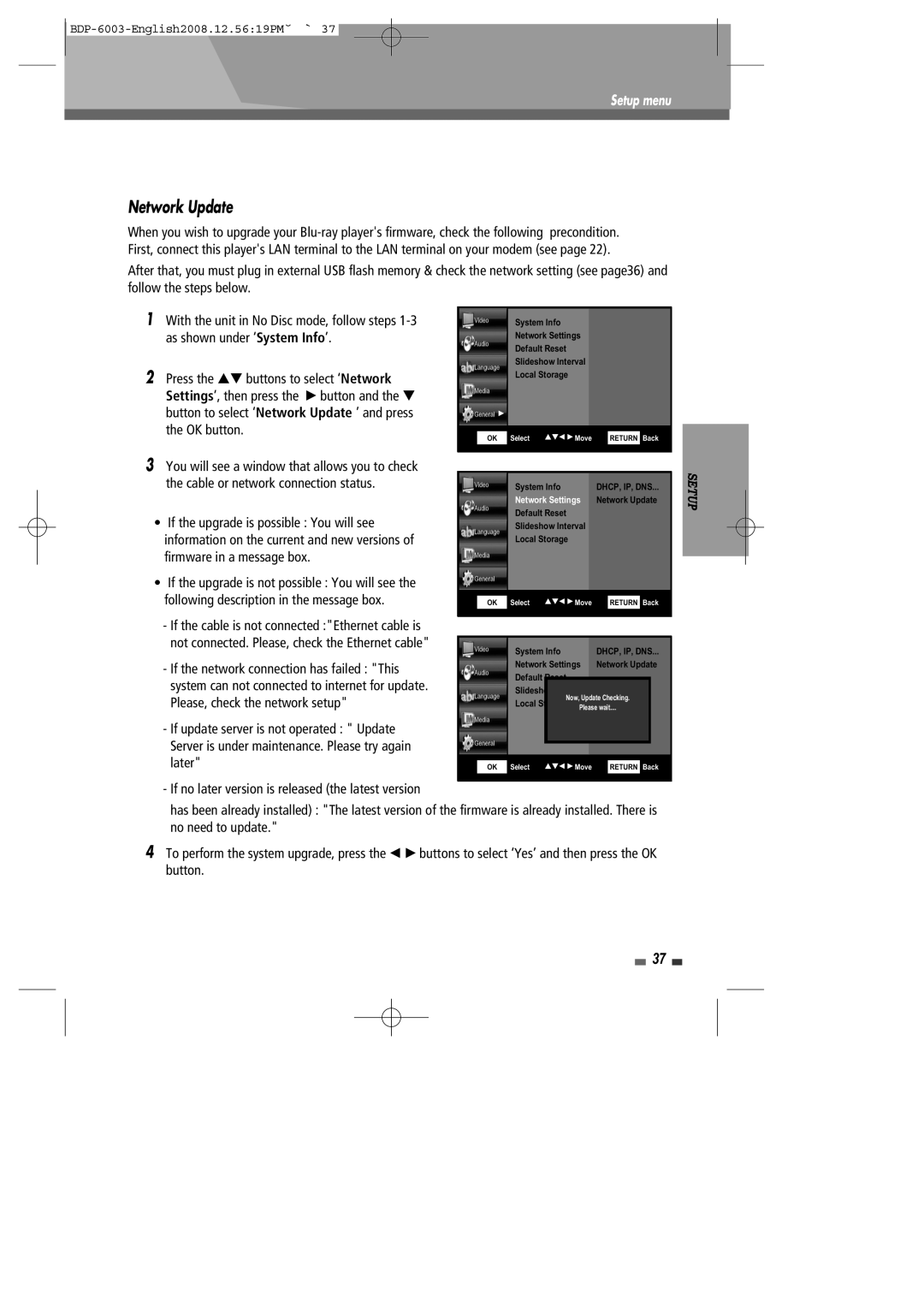 Sherwood BDP-6003 instruction manual Network Update, If no later version is released the latest version 