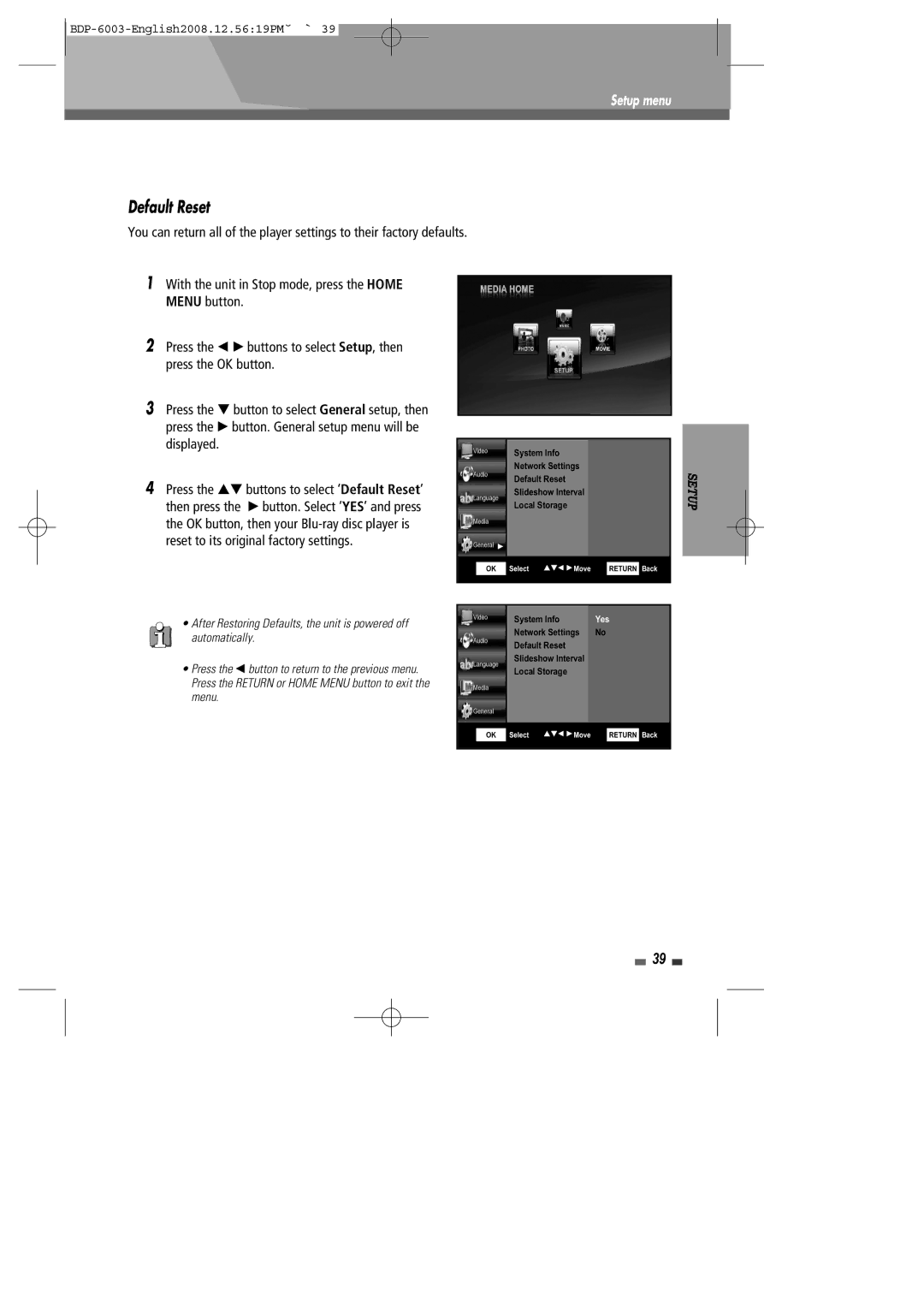 Sherwood BDP-6003 instruction manual Default Reset 