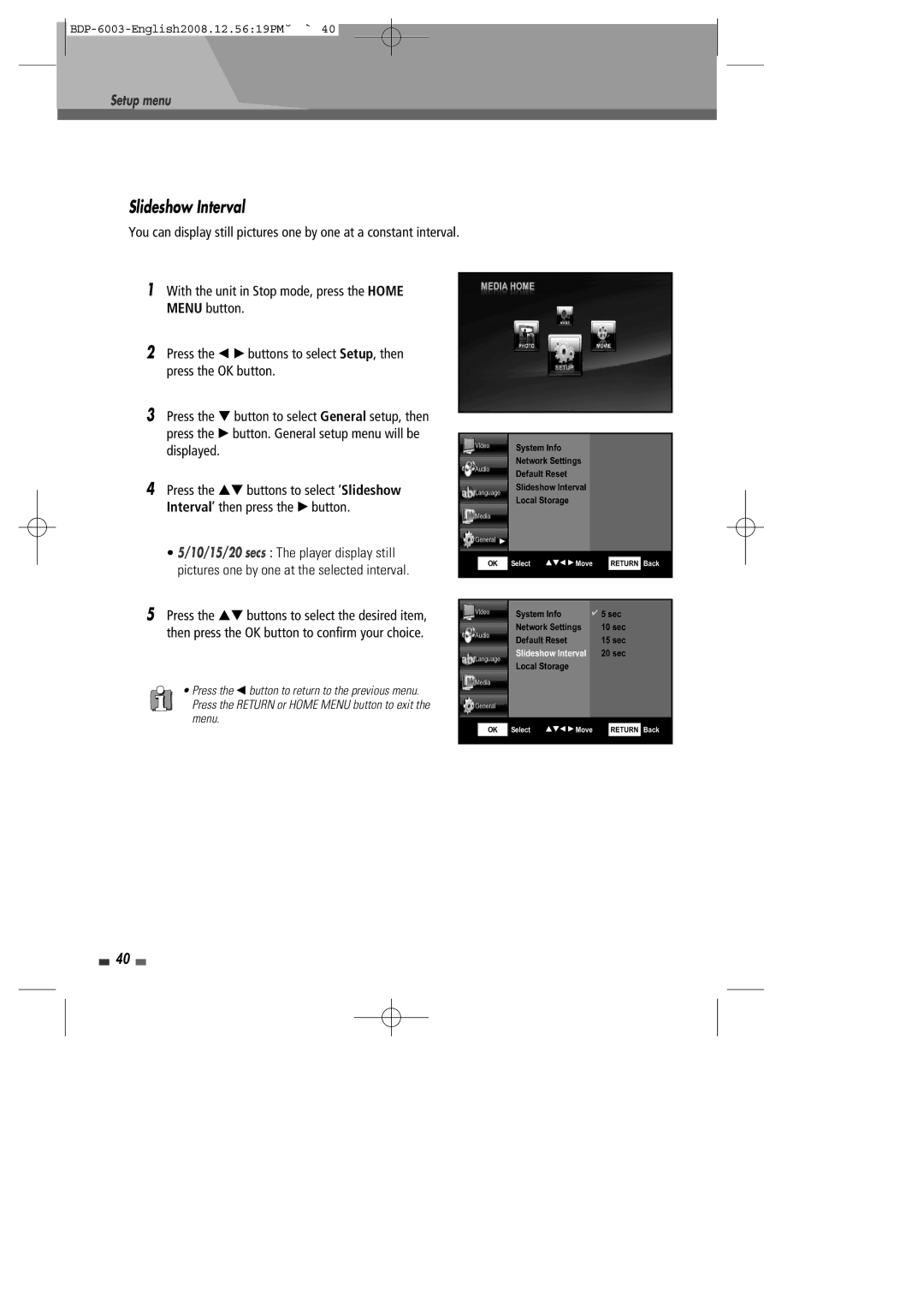 Sherwood BDP-6003 instruction manual Slideshow Interval 