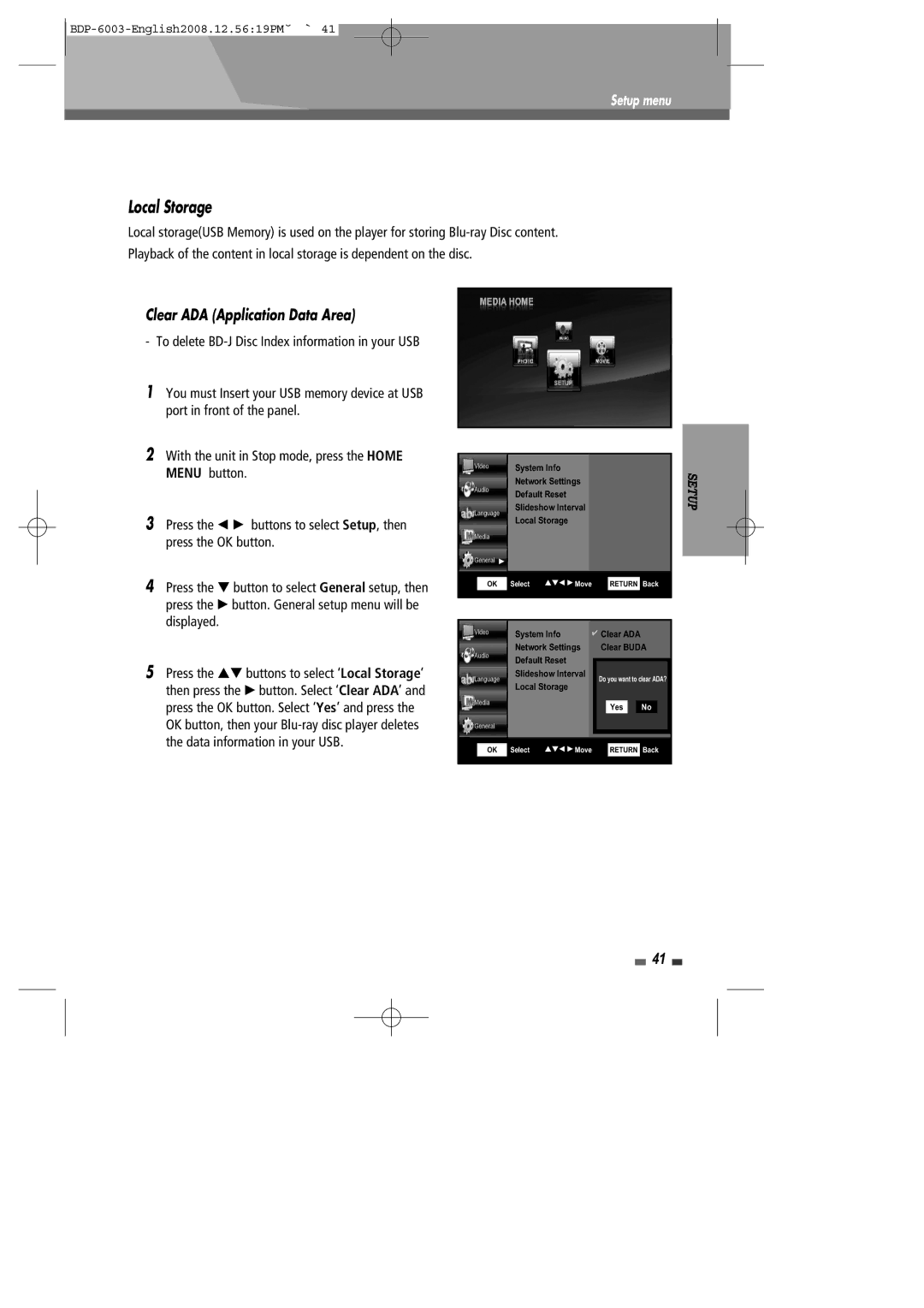 Sherwood BDP-6003 instruction manual Local Storage, Clear ADA Application Data Area 