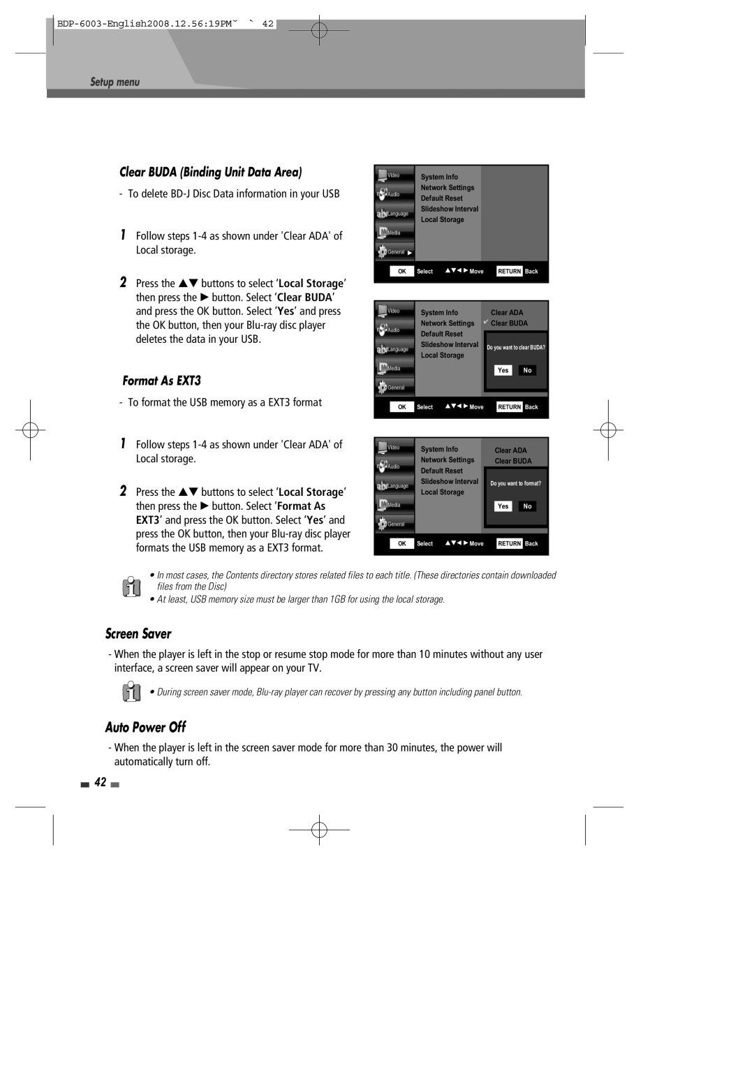 Sherwood BDP-6003 Screen Saver, Auto Power Off, Follow steps 1-4 as shown under Clear ADA of Local storage 