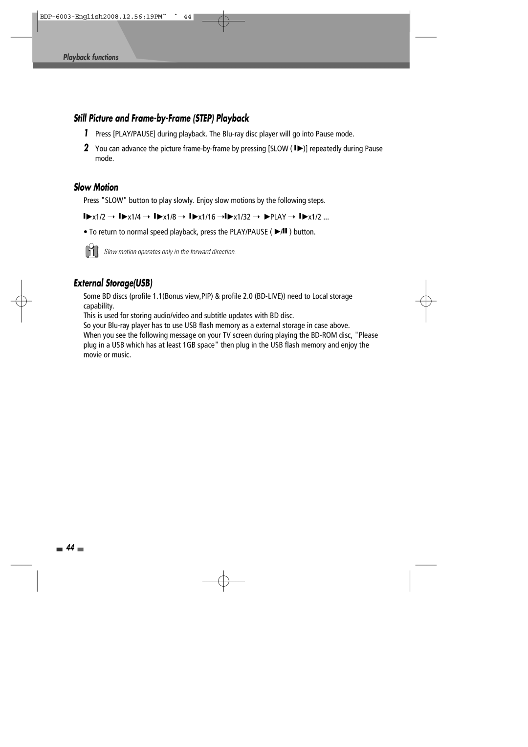 Sherwood BDP-6003 instruction manual Still Picture and Frame-by-Frame Step Playback, Slow Motion, External StorageUSB 