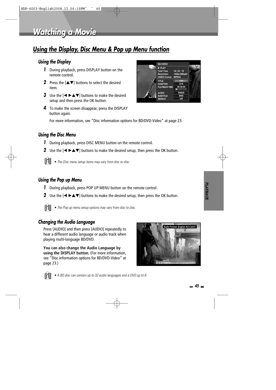 Sherwood BDP-6003 Watching a Movie, Using the Disc Menu, Using the Pop up Menu, Changing the Audio Language 