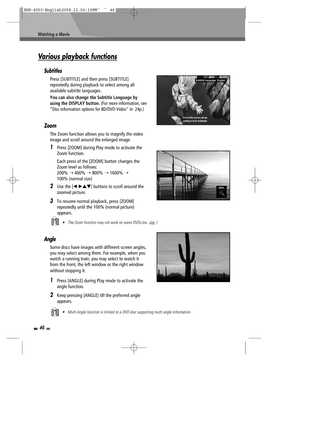 Sherwood BDP-6003 instruction manual Various playback functions, Subtitles, Zoom, Angle 