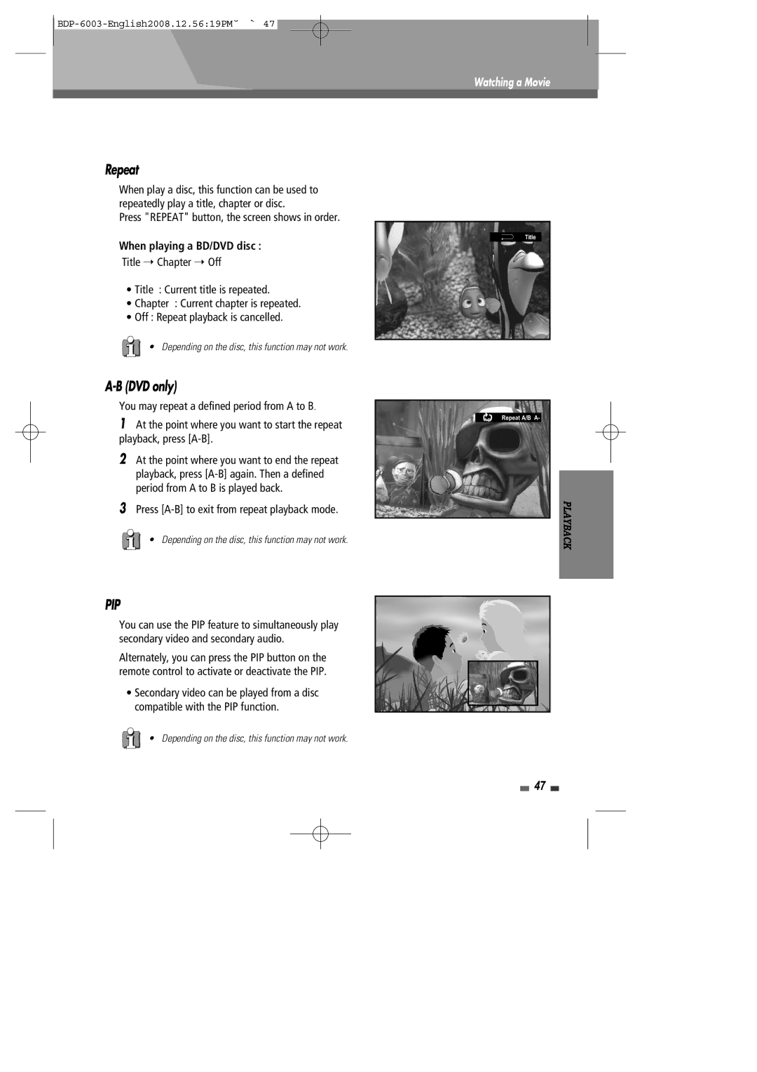 Sherwood BDP-6003 DVD only, Press Repeat button, the screen shows in order, Press A-B to exit from repeat playback mode 