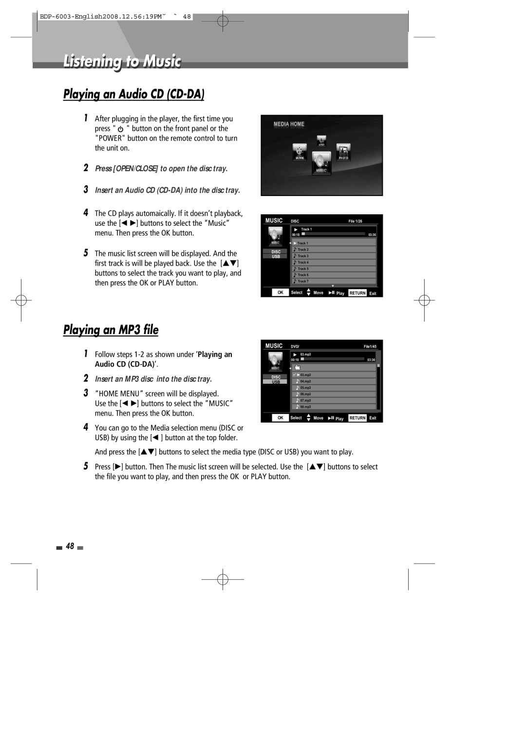 Sherwood BDP-6003 instruction manual Listening to Music, Playing an Audio CD CD-DA, Playing an MP3 file 