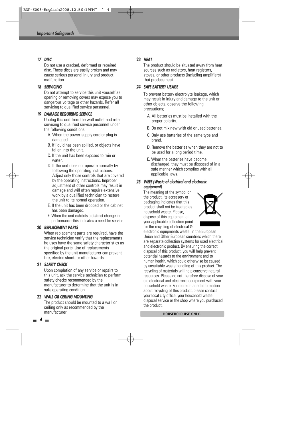 Sherwood BDP-6003 instruction manual Important Safeguards, Weee Waste of electrical and electronic equipment 