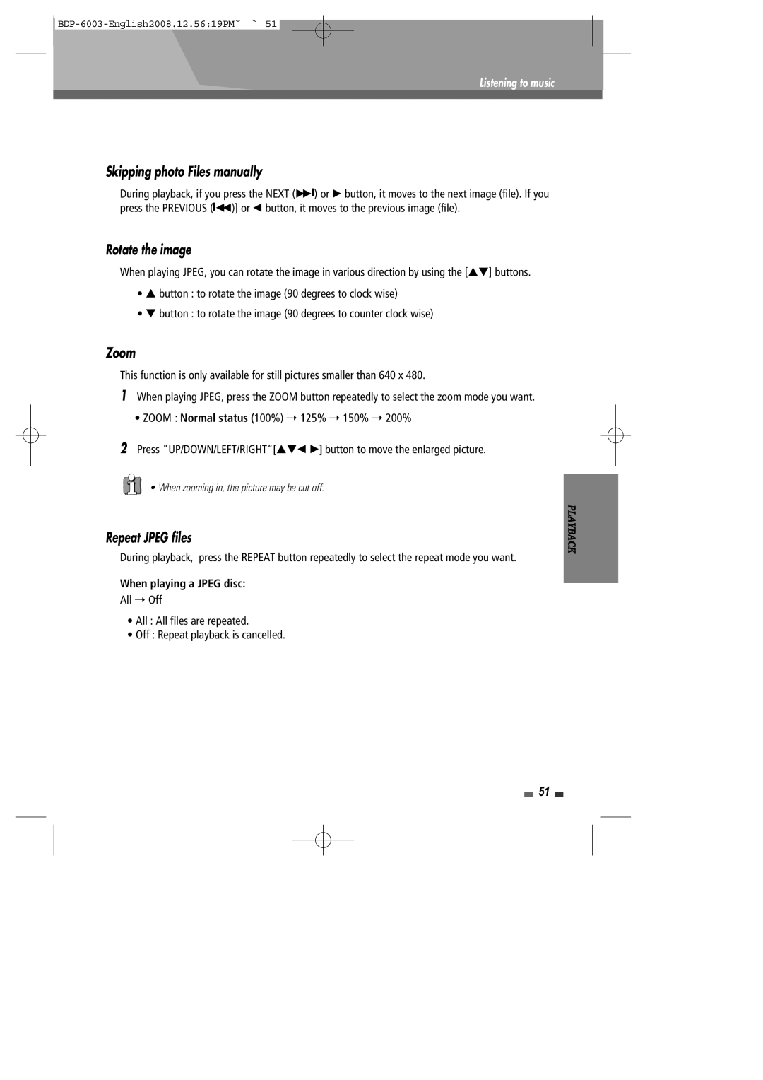 Sherwood BDP-6003 instruction manual Skipping photo Files manually, Rotate the image, Repeat Jpeg files 