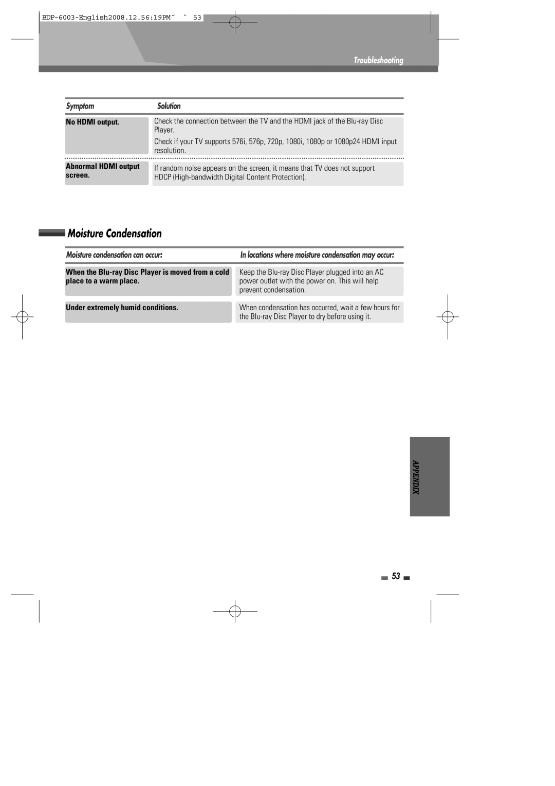 Sherwood BDP-6003 instruction manual SymptomSolution, Moisture condensation can occur 