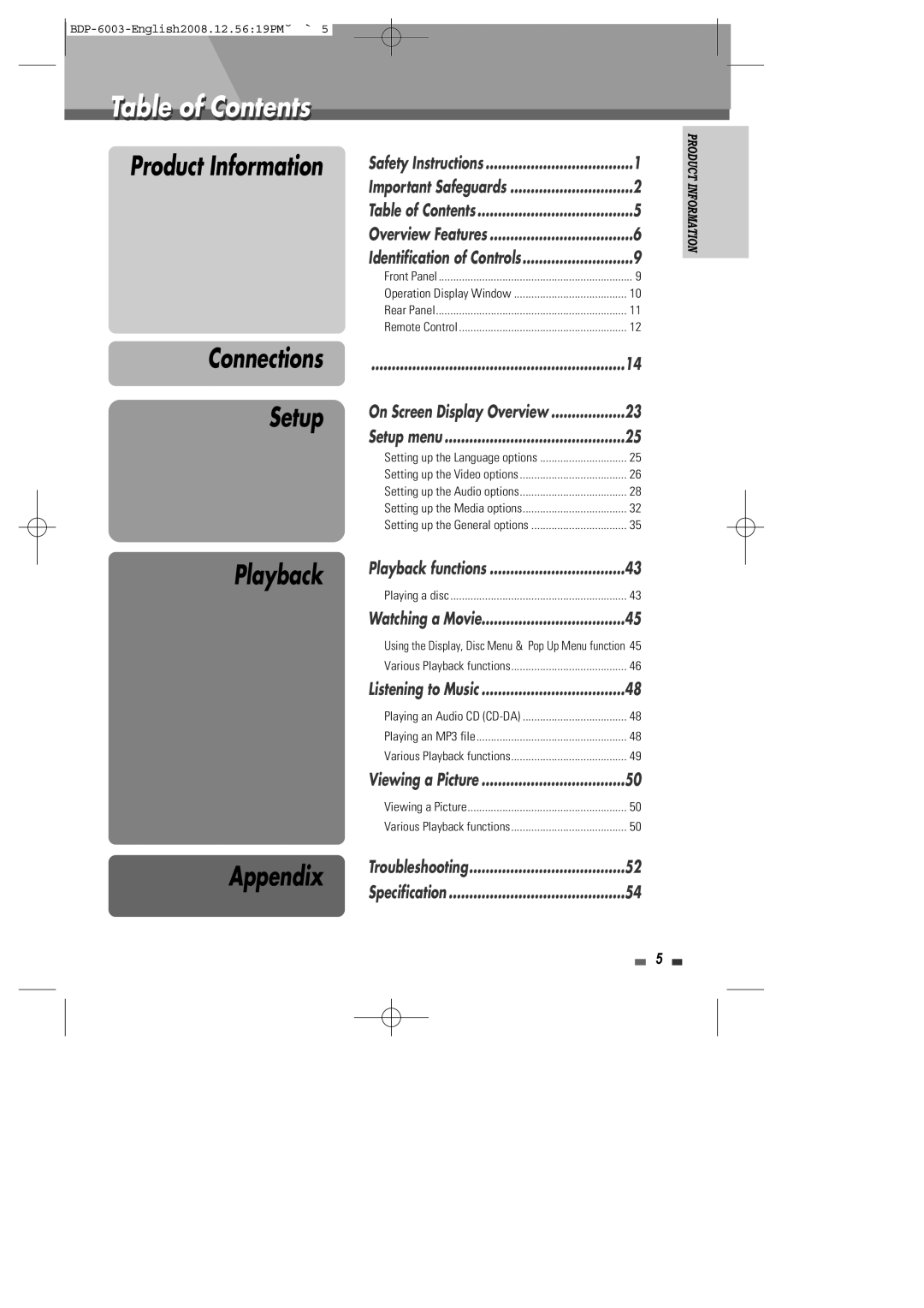 Sherwood BDP-6003 instruction manual Table of Contents 