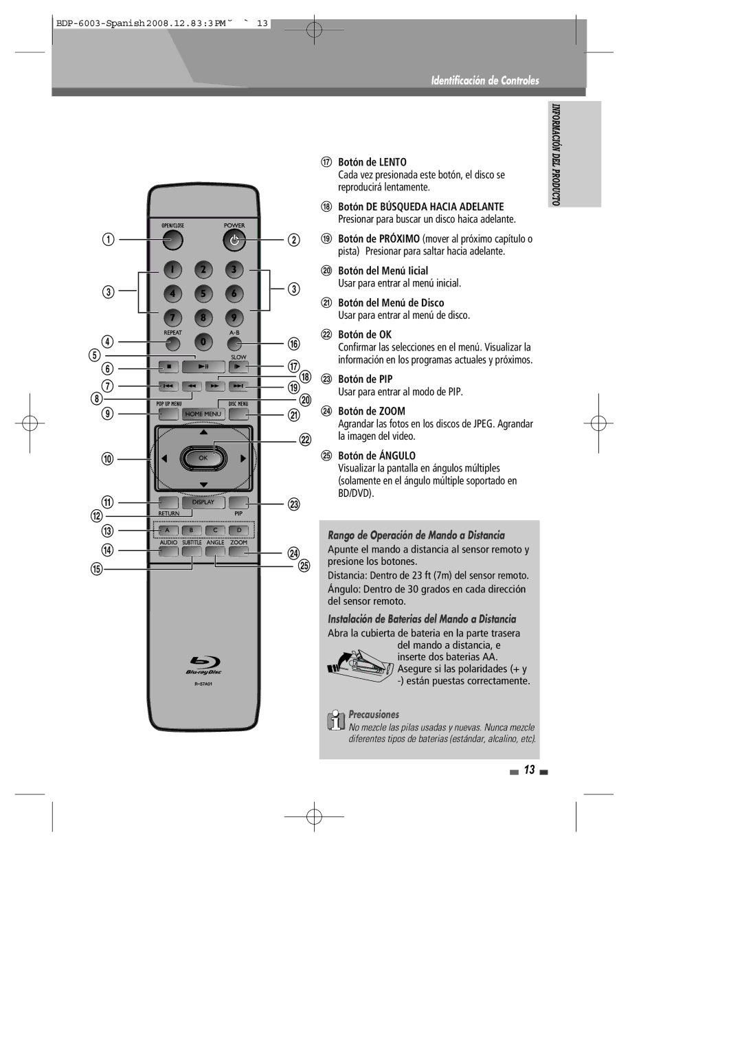 Sherwood BDP-6003 manual Botón de Lento, Botón DE Búsqueda Hacia Adelante, Botón del Menú Iicial, Botón del Menú de Disco 