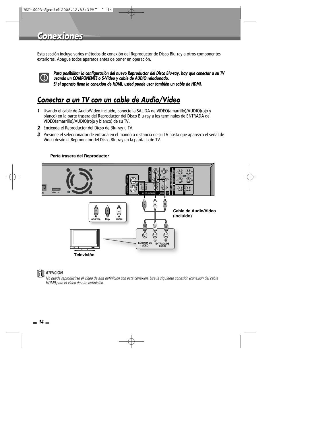 Sherwood BDP-6003 manual Conexiones, Conectar a un TV con un cable de Audio/Video 