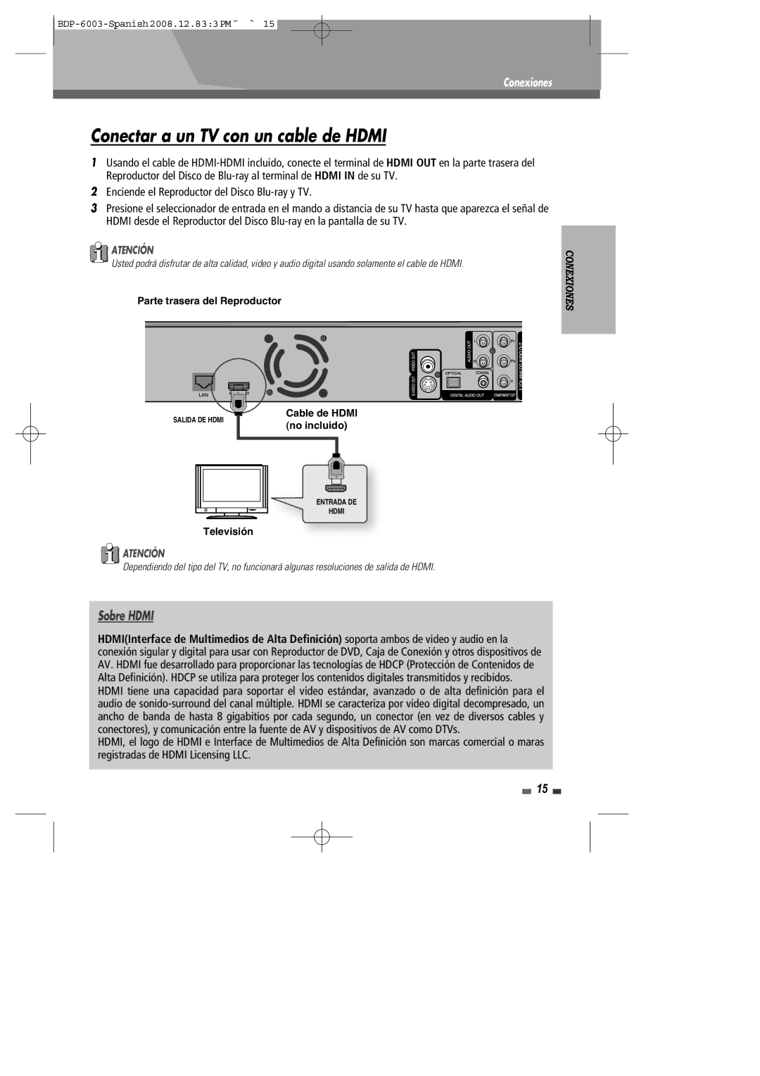 Sherwood BDP-6003 manual Conectar a un TV con un cable de Hdmi, Enciende el Reproductor del Disco Blu-ray y TV 