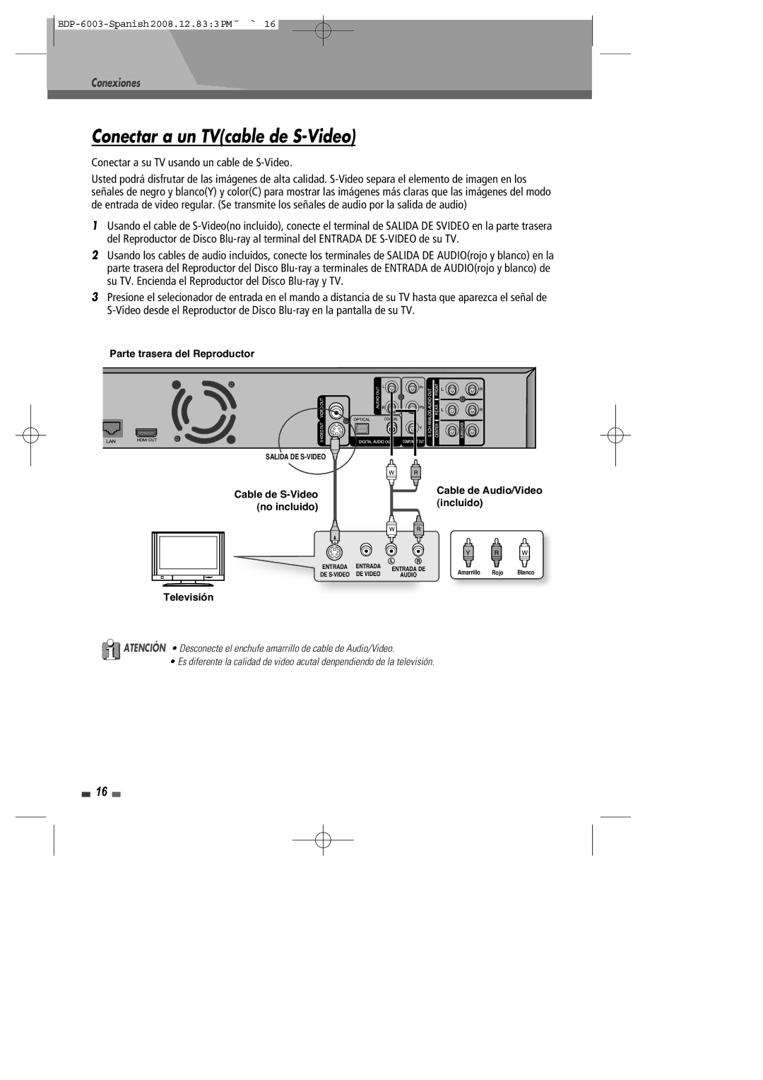 Sherwood BDP-6003 manual Conectar a un TVcable de S-Video, Conexiones 