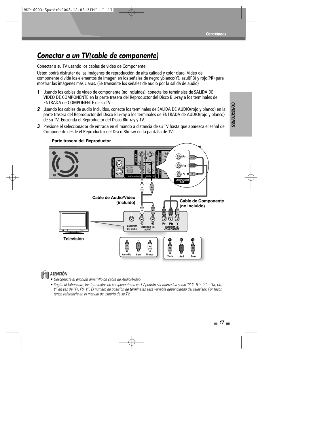 Sherwood BDP-6003 manual Conectar a un TVcable de componente, Conectar a su TV usando los cables de video de Componente 