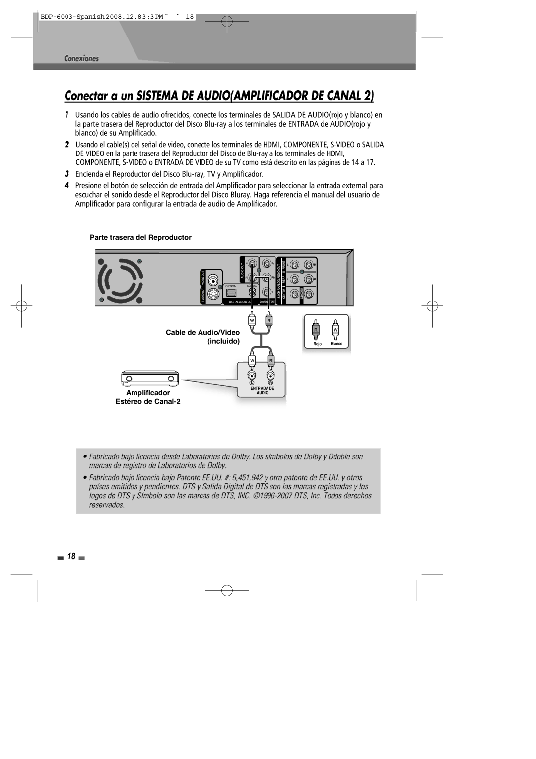 Sherwood BDP-6003 manual Conectar a un Sistema DE Audioamplificador DE Canal 