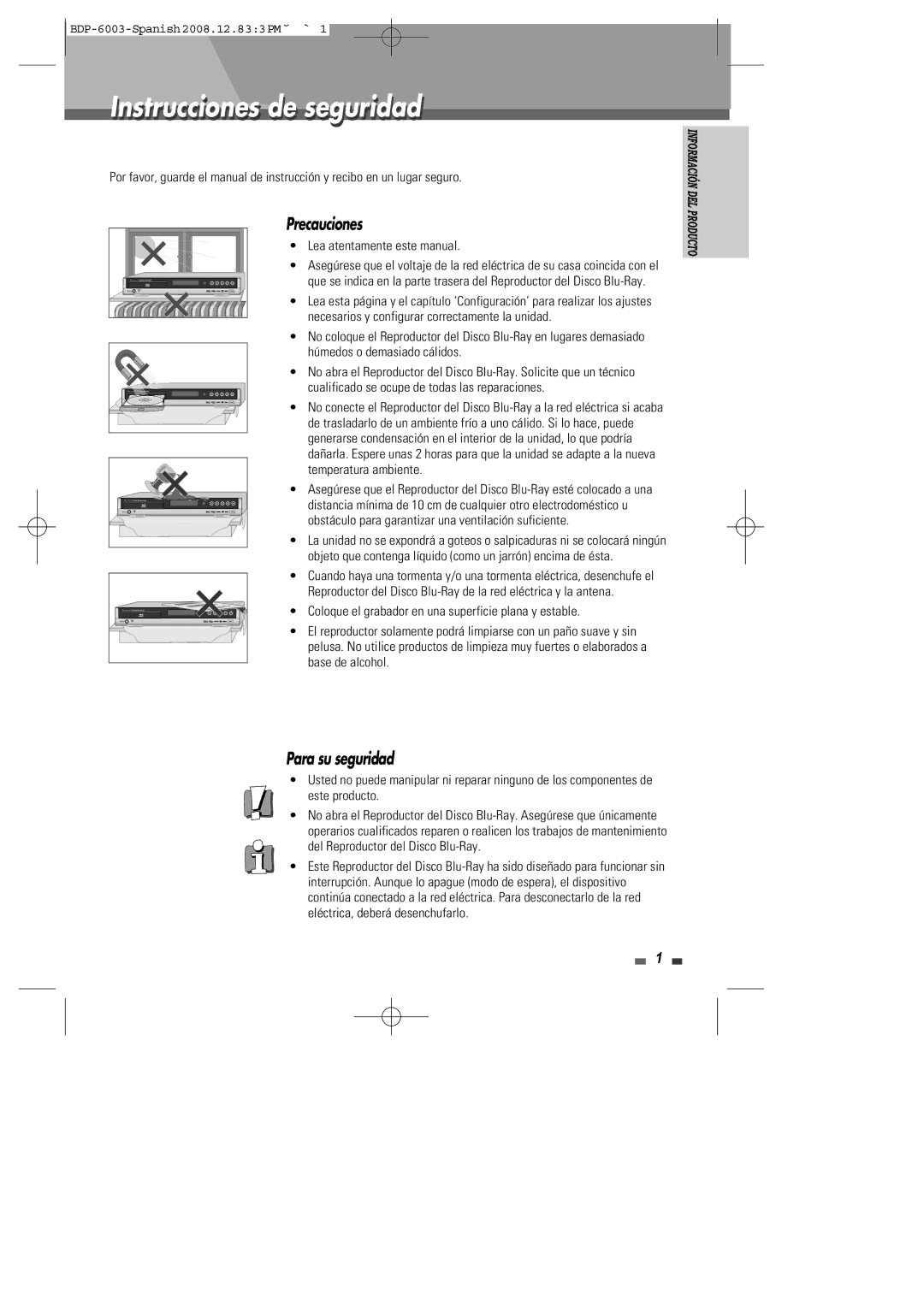 Sherwood BDP-6003 manual Instrucciones de seguridad, Precauciones, Para su seguridad 