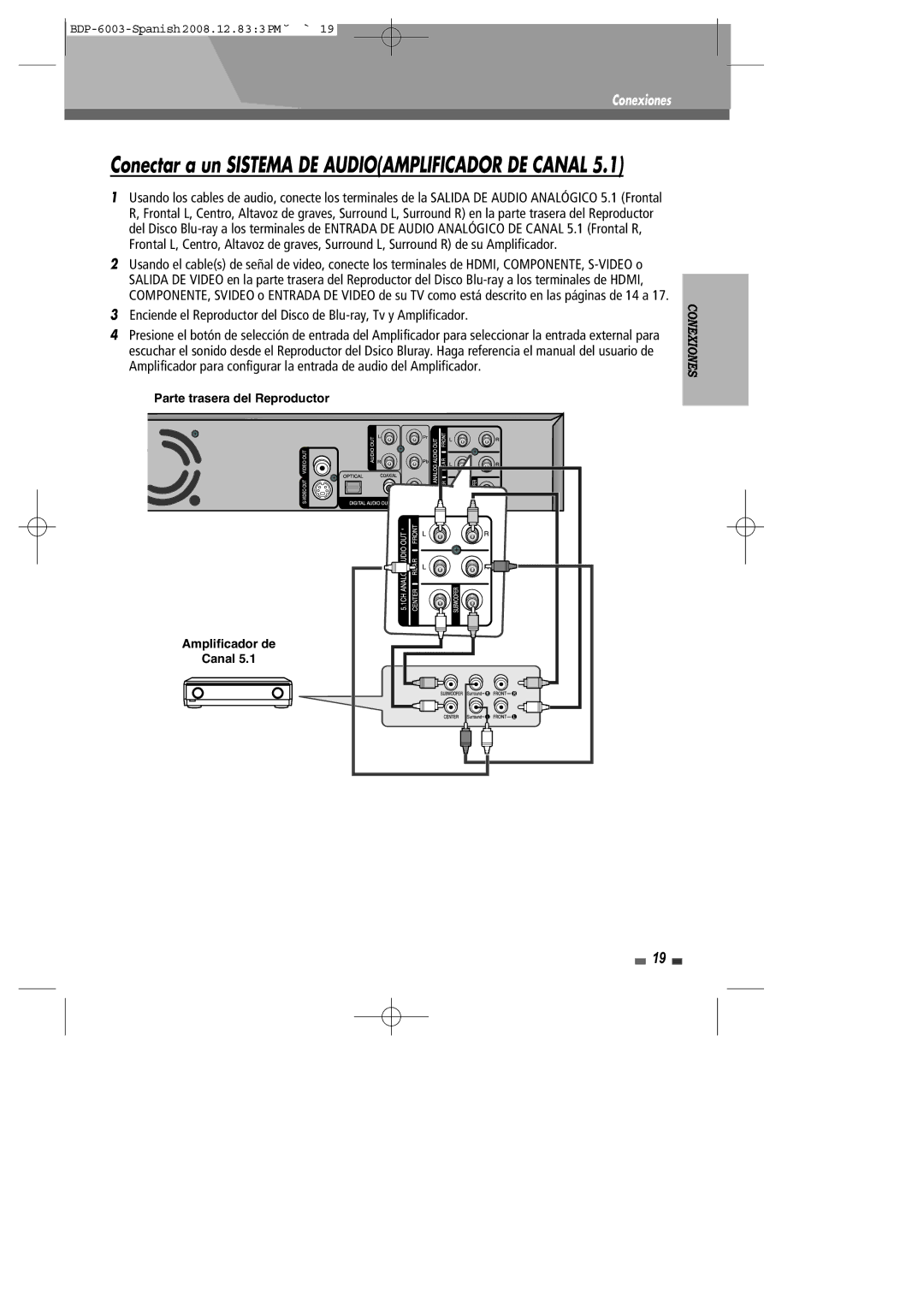 Sherwood BDP-6003 manual Conectar a un Sistema DE Audioamplificador DE Canal 