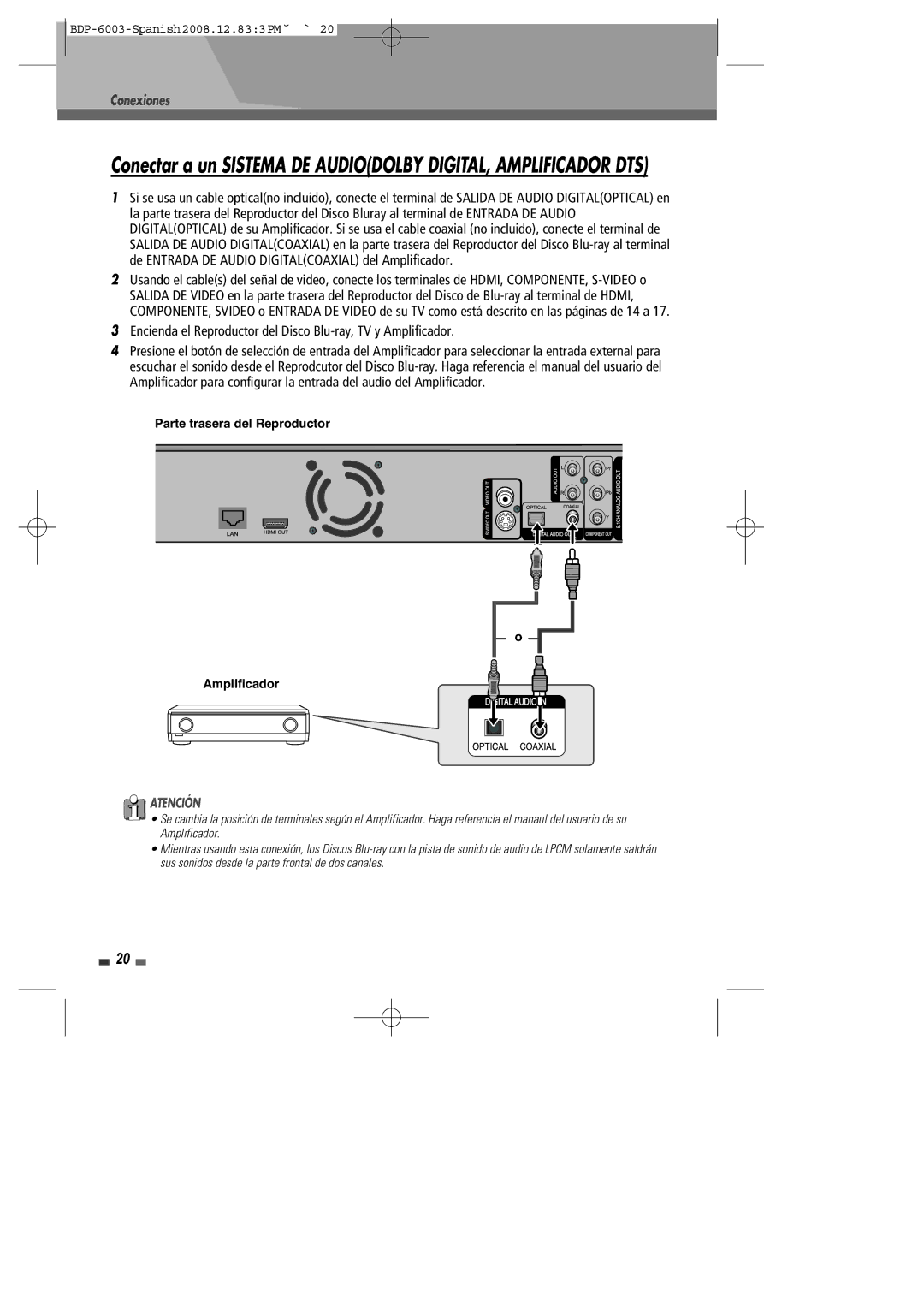 Sherwood BDP-6003 manual Parte trasera del Reproductor Amplificador 