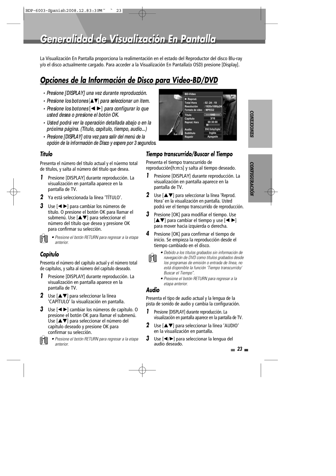 Sherwood BDP-6003 Generalidad de Visualización En Pantalla, Opciones de la Información de Disco para Video-BD/DVD, Título 