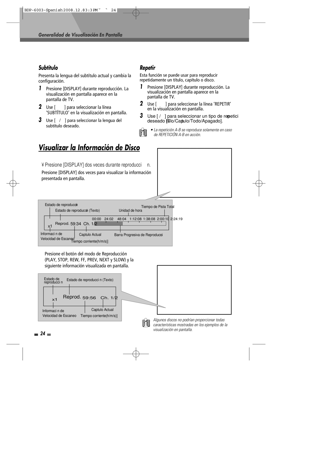 Sherwood BDP-6003 manual Visualizar la Información de Disco, Subtítulo, Repetir, Generalidad de Visualización En Pantalla 