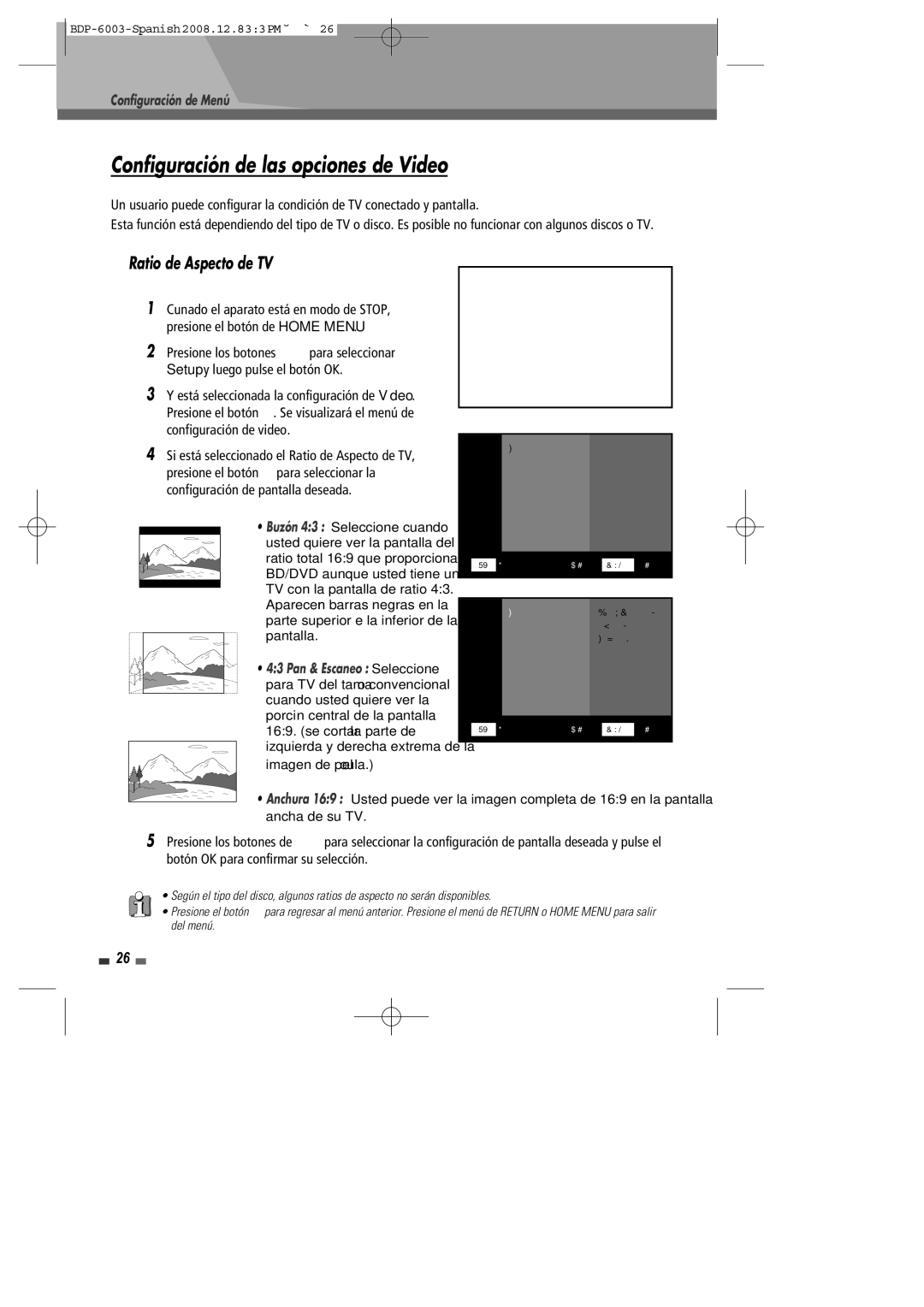 Sherwood BDP-6003 manual Configuración de las opciones de Video, Ratio de Aspecto de TV 