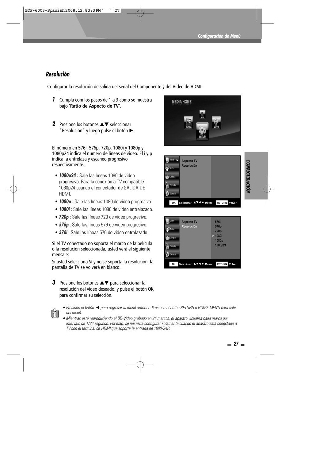 Sherwood BDP-6003 manual Resolución 