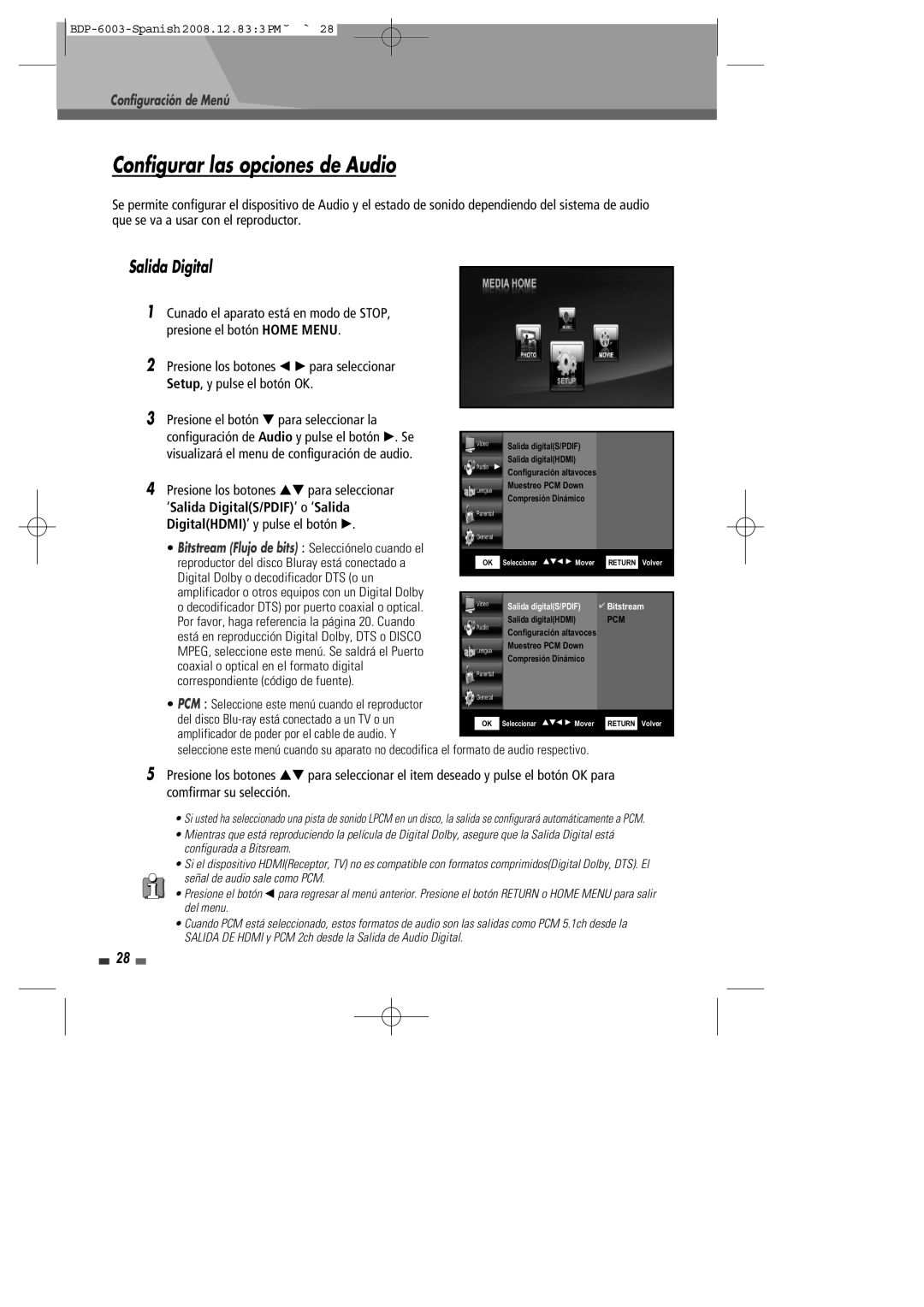 Sherwood BDP-6003 manual Configurar las opciones de Audio, ‘Salida DigitalS/PDIF ’ o ‘Salida 