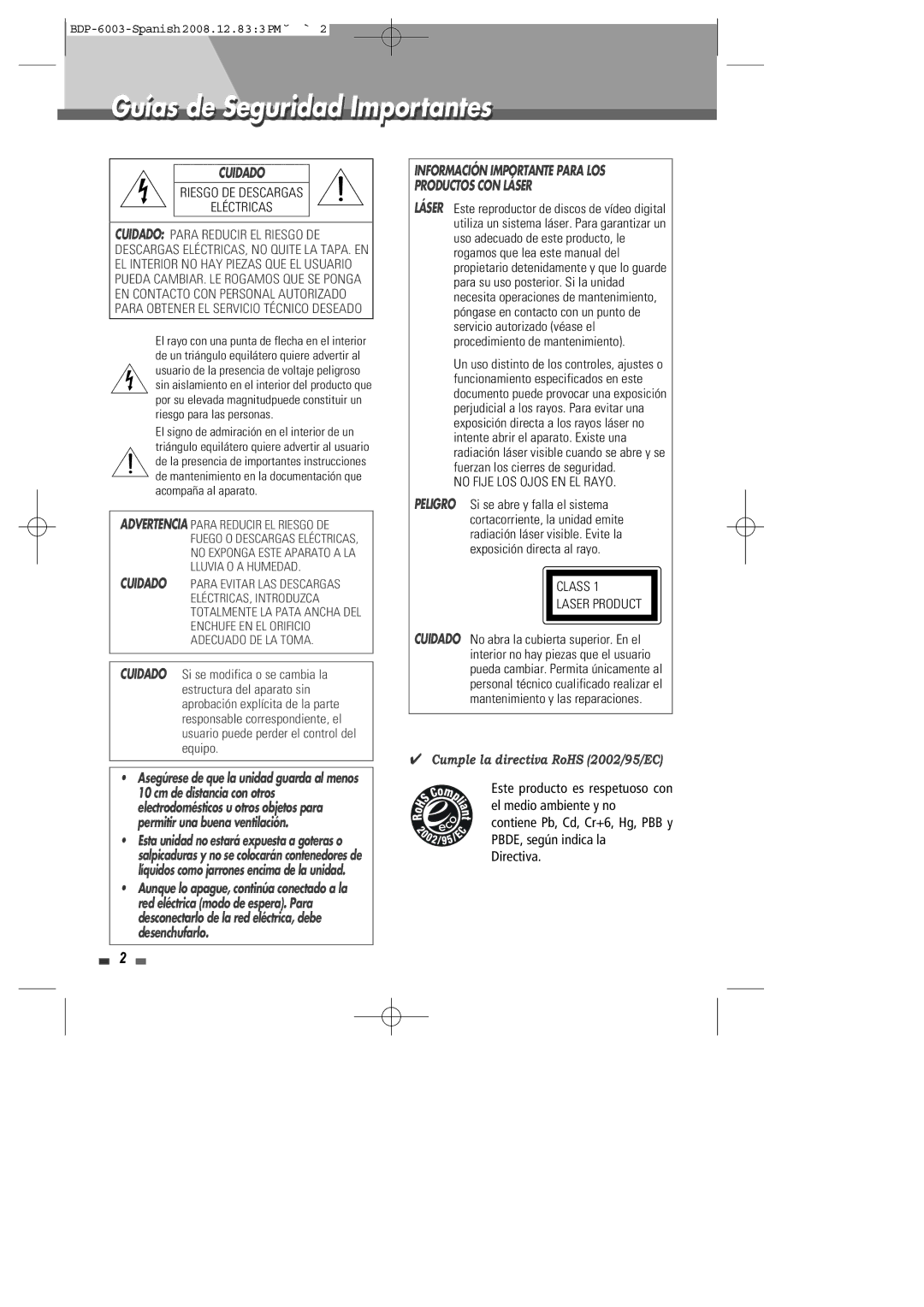 Sherwood BDP-6003 manual Guías de Seguridad Importantes, Cuidado 