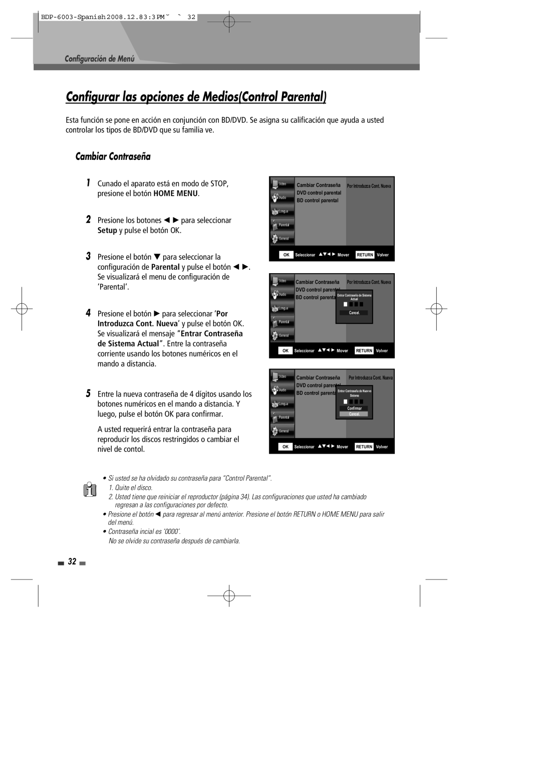 Sherwood BDP-6003 manual Configurar las opciones de MediosControl Parental, Cambiar Contraseña 