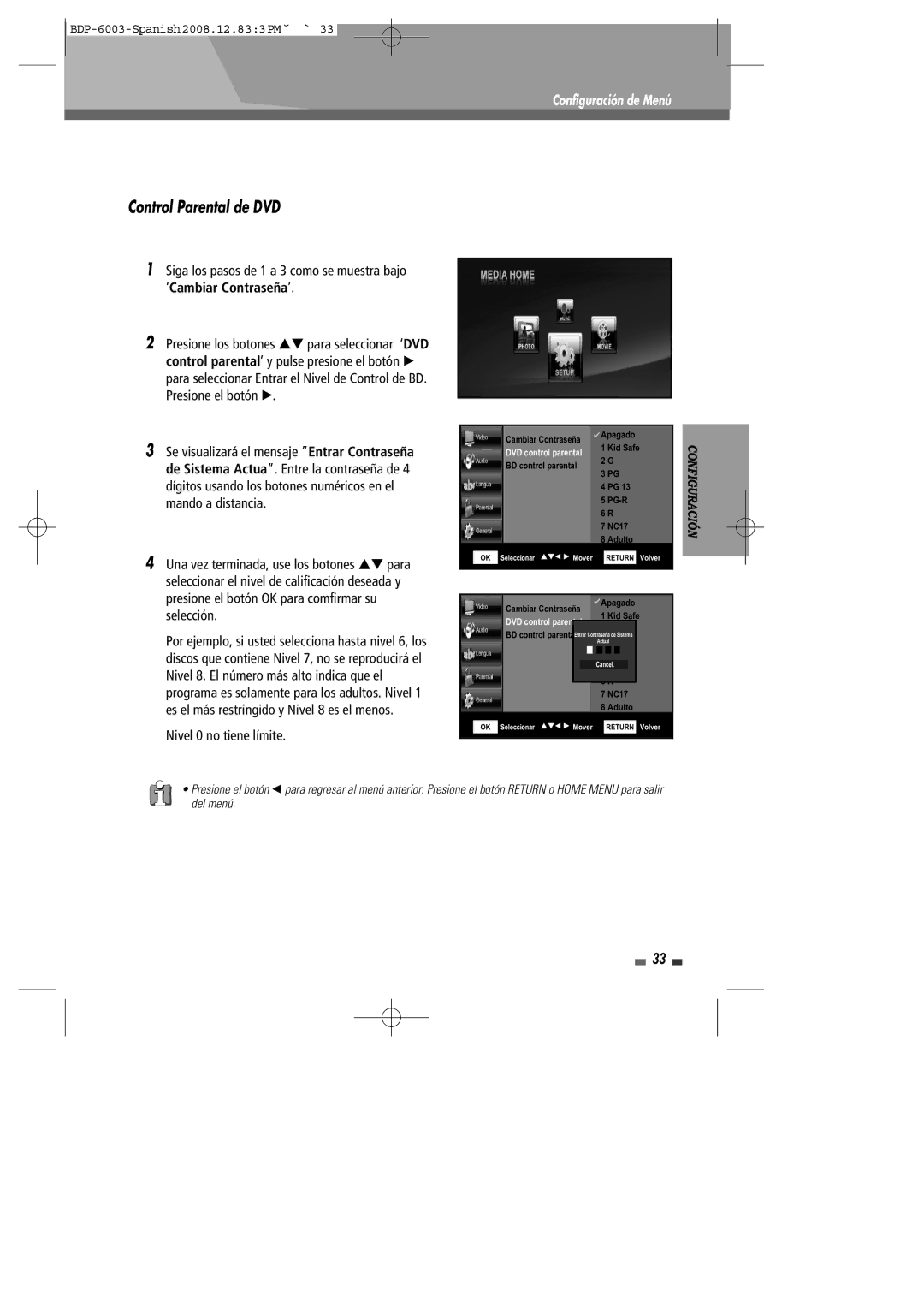 Sherwood BDP-6003 manual Control Parental de DVD, Nivel 0 no tiene límite 