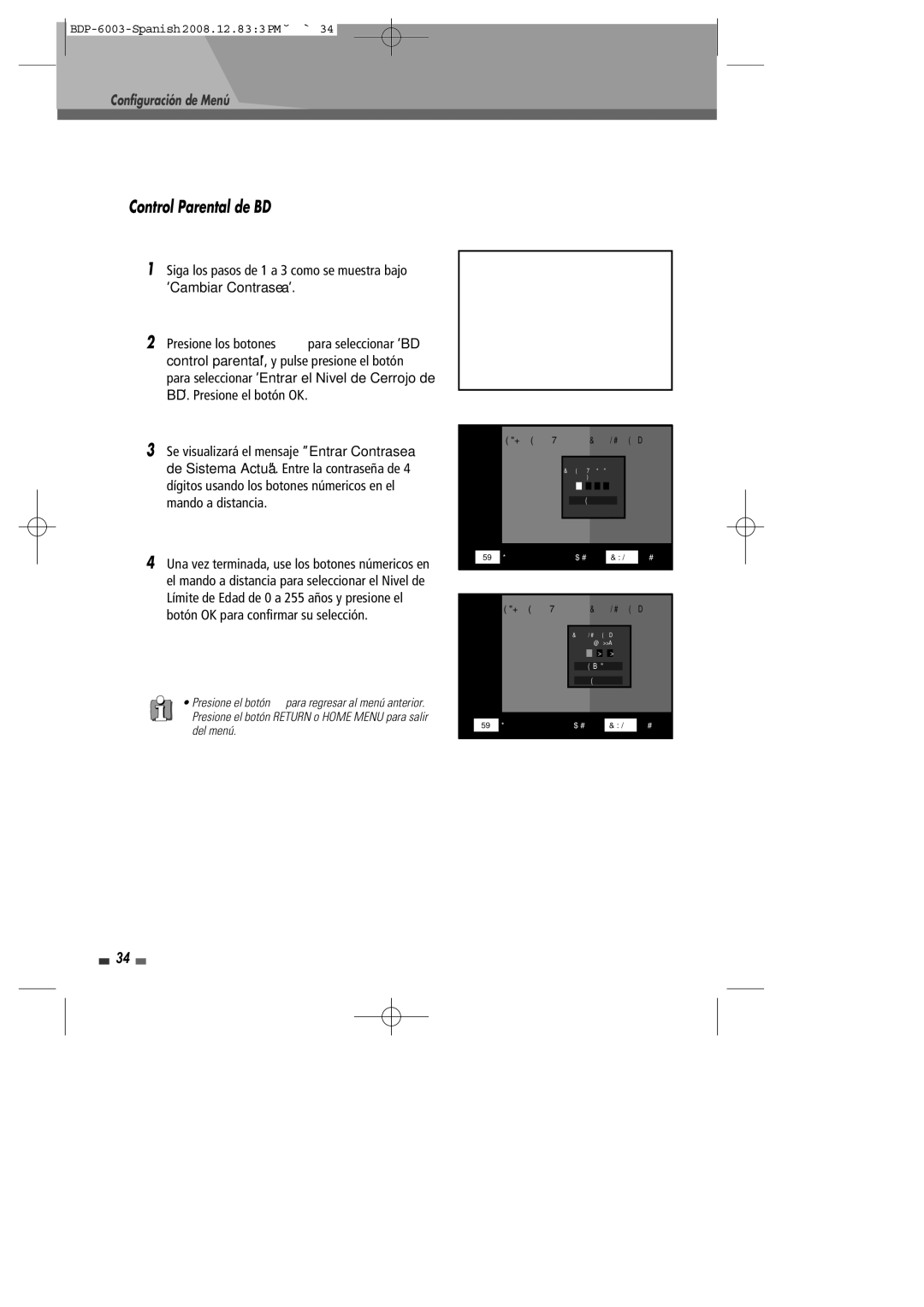 Sherwood BDP-6003 manual Control Parental de BD 