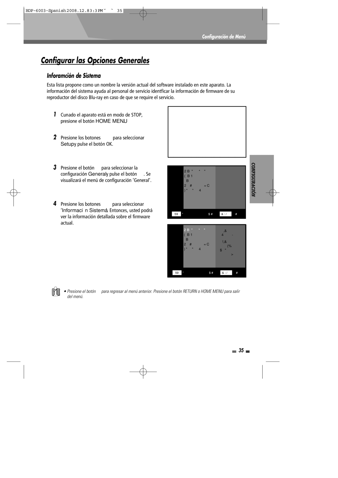 Sherwood BDP-6003 manual Configurar las Opciones Generales, Inforamción de Sistema 