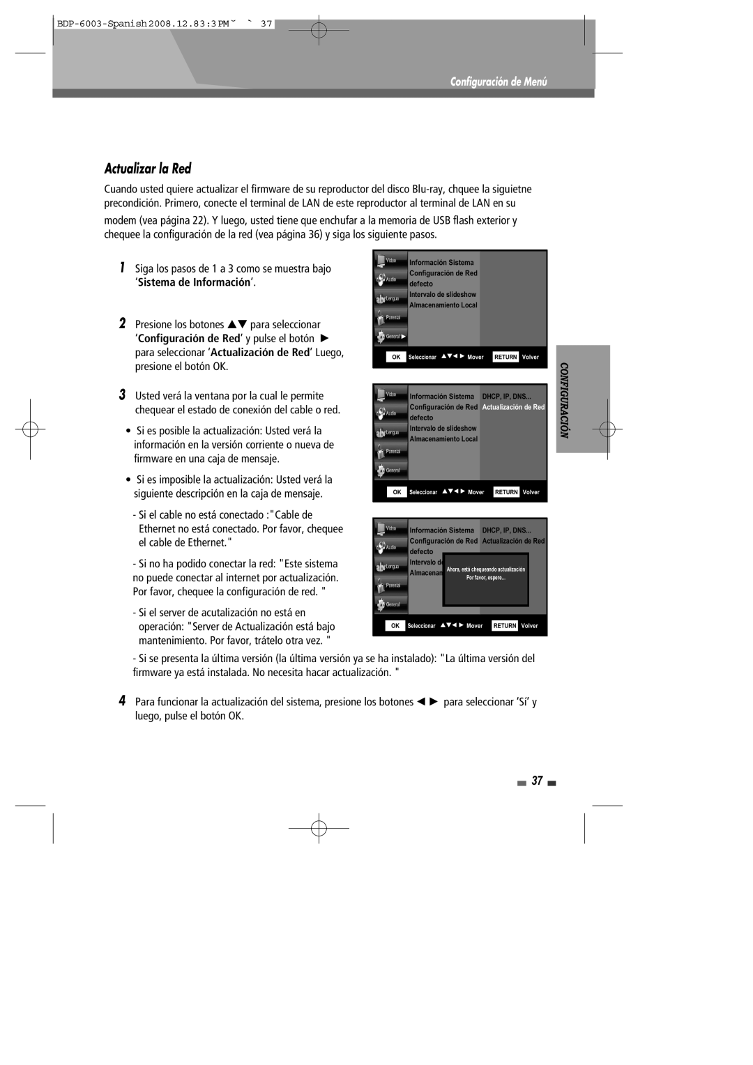 Sherwood BDP-6003 manual Actualizar la Red, Dhcp, Ip, Dns 