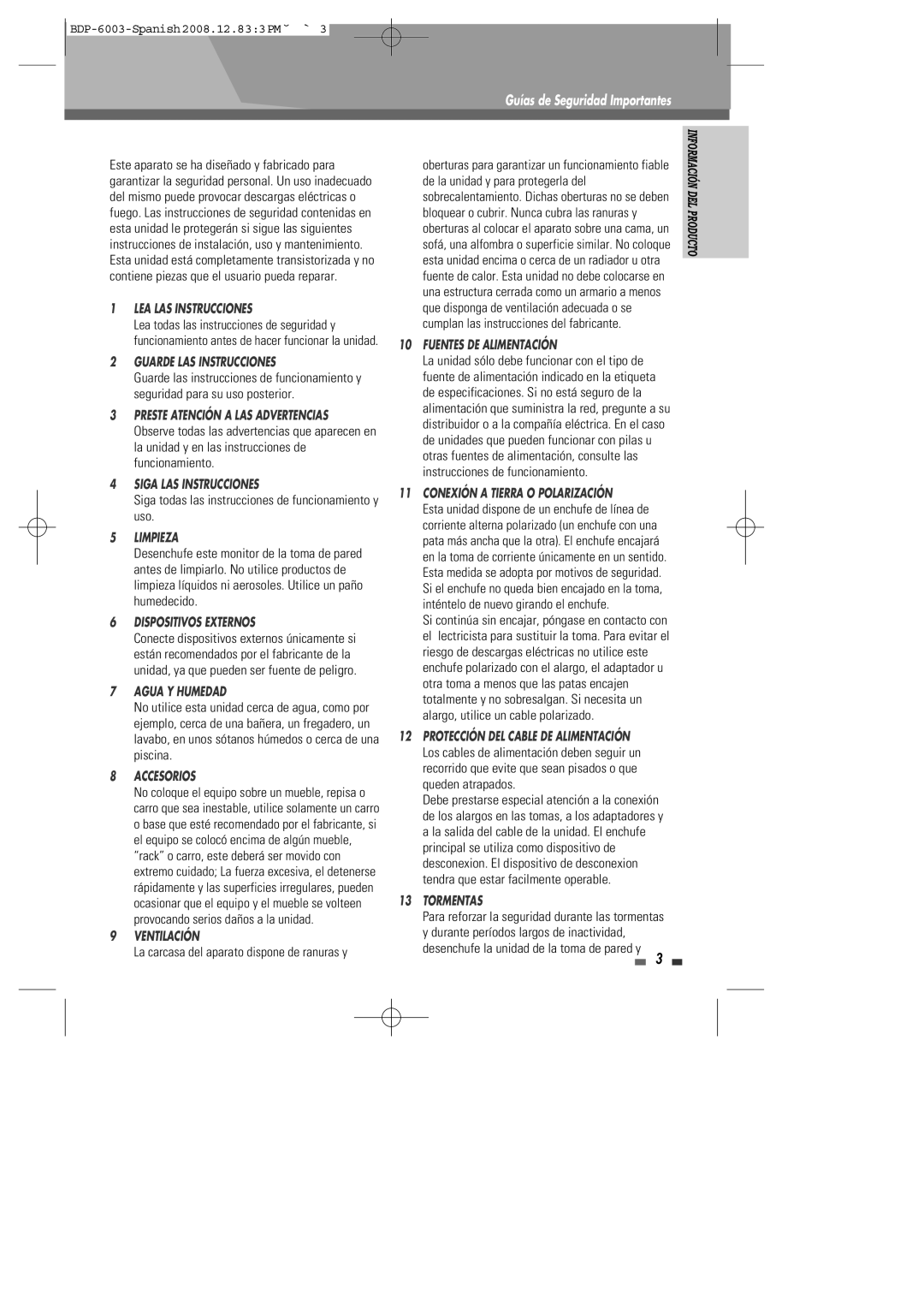 Sherwood BDP-6003 manual Guías de Seguridad Importantes 