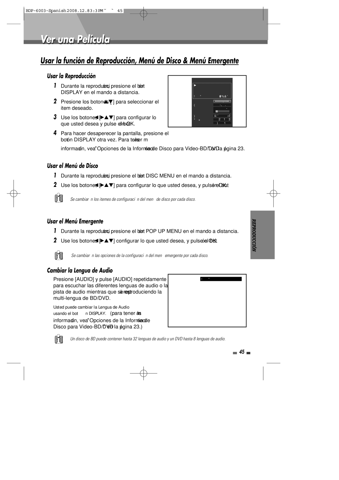 Sherwood BDP-6003 manual Ver una Película, Usar el Menú de Disco, Usar el Menú Emergente, Cambiar la Lengua de Audio 