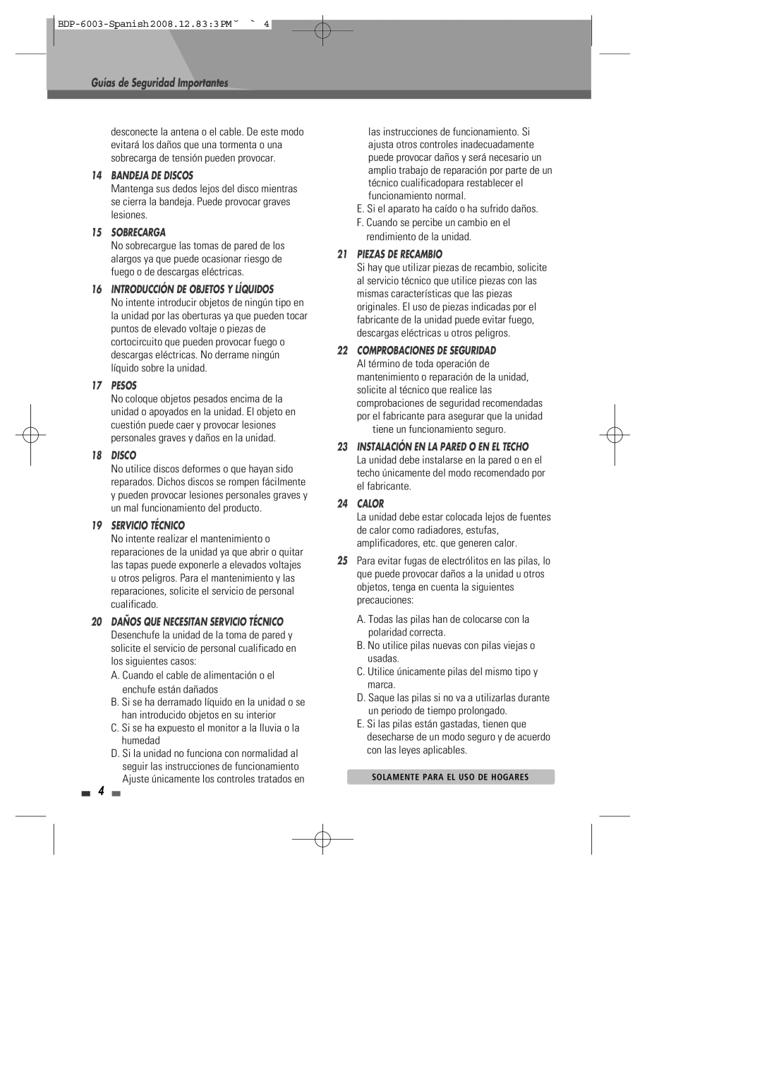 Sherwood BDP-6003 manual Guías de Seguridad Importantes, Bandeja DE Discos 