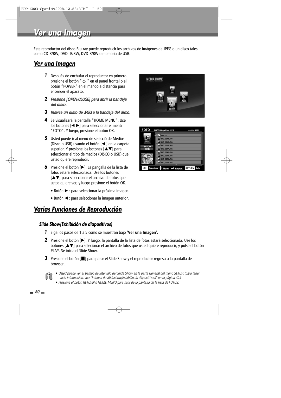 Sherwood BDP-6003 manual Ver una Imagen, Slide ShowExhibición de diapositivos 