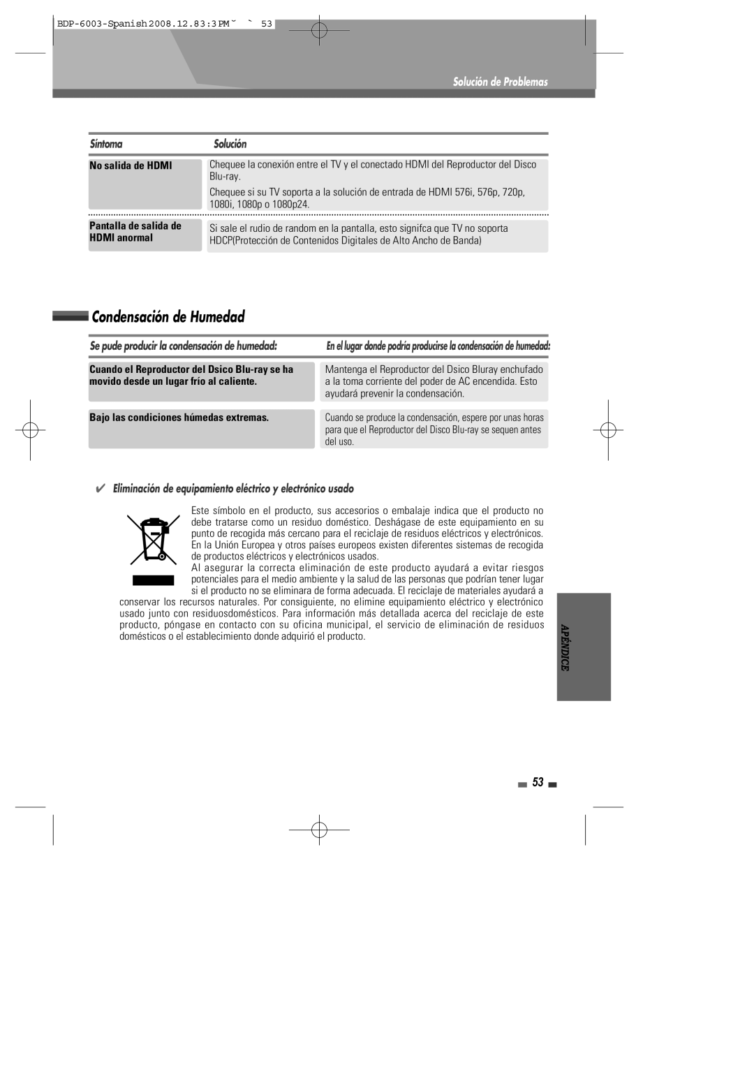 Sherwood BDP-6003 manual SíntomaSolución, Eliminación de equipamiento eléctrico y electrónico usado 