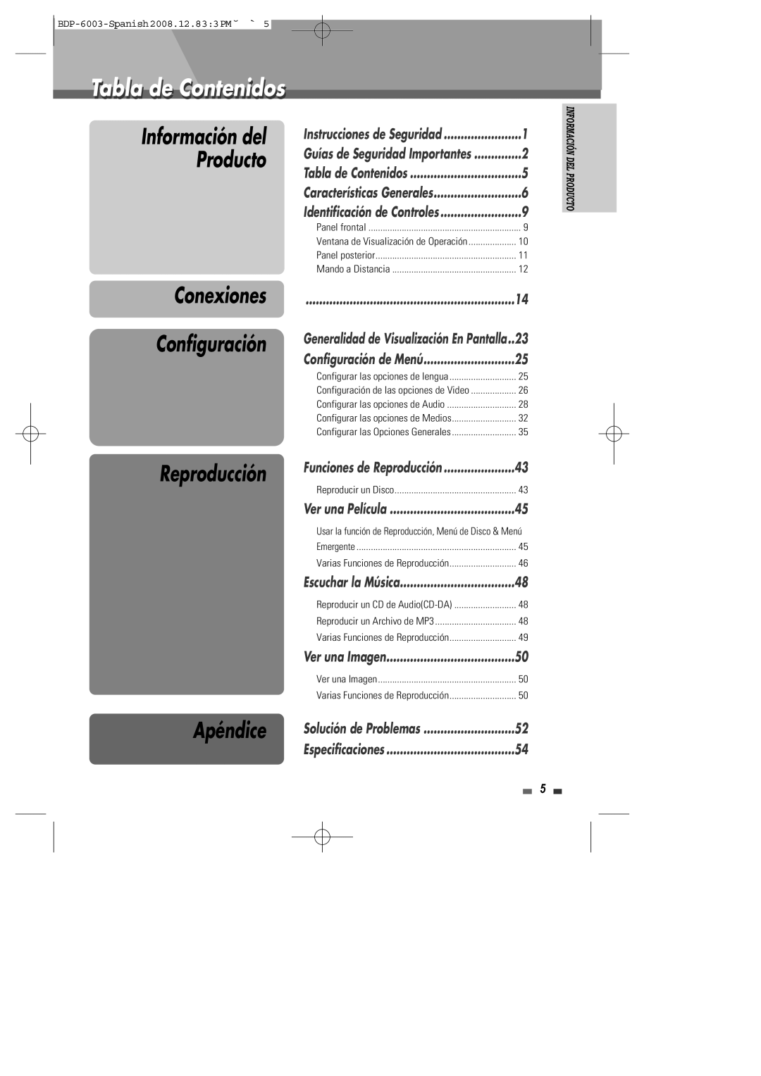 Sherwood BDP-6003 manual Tabla de Contenidos 