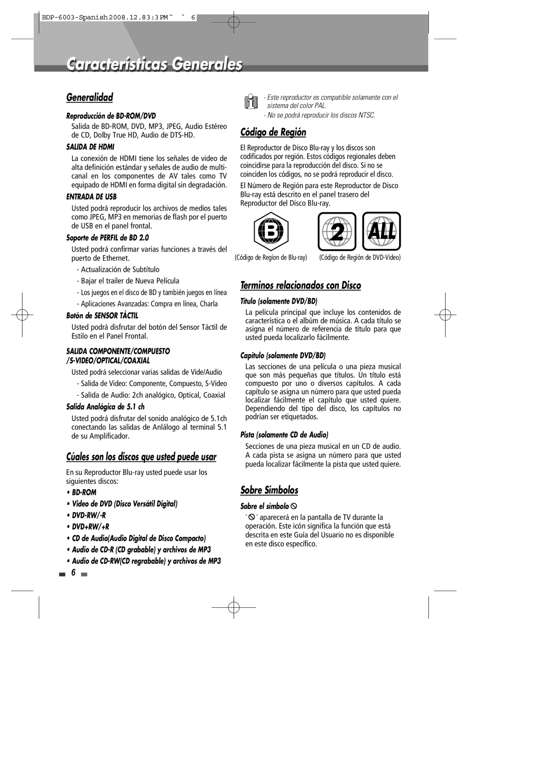 Sherwood BDP-6003 manual Características Generales, Generalidad, Código de Región, Terminos relacionados con Disco 