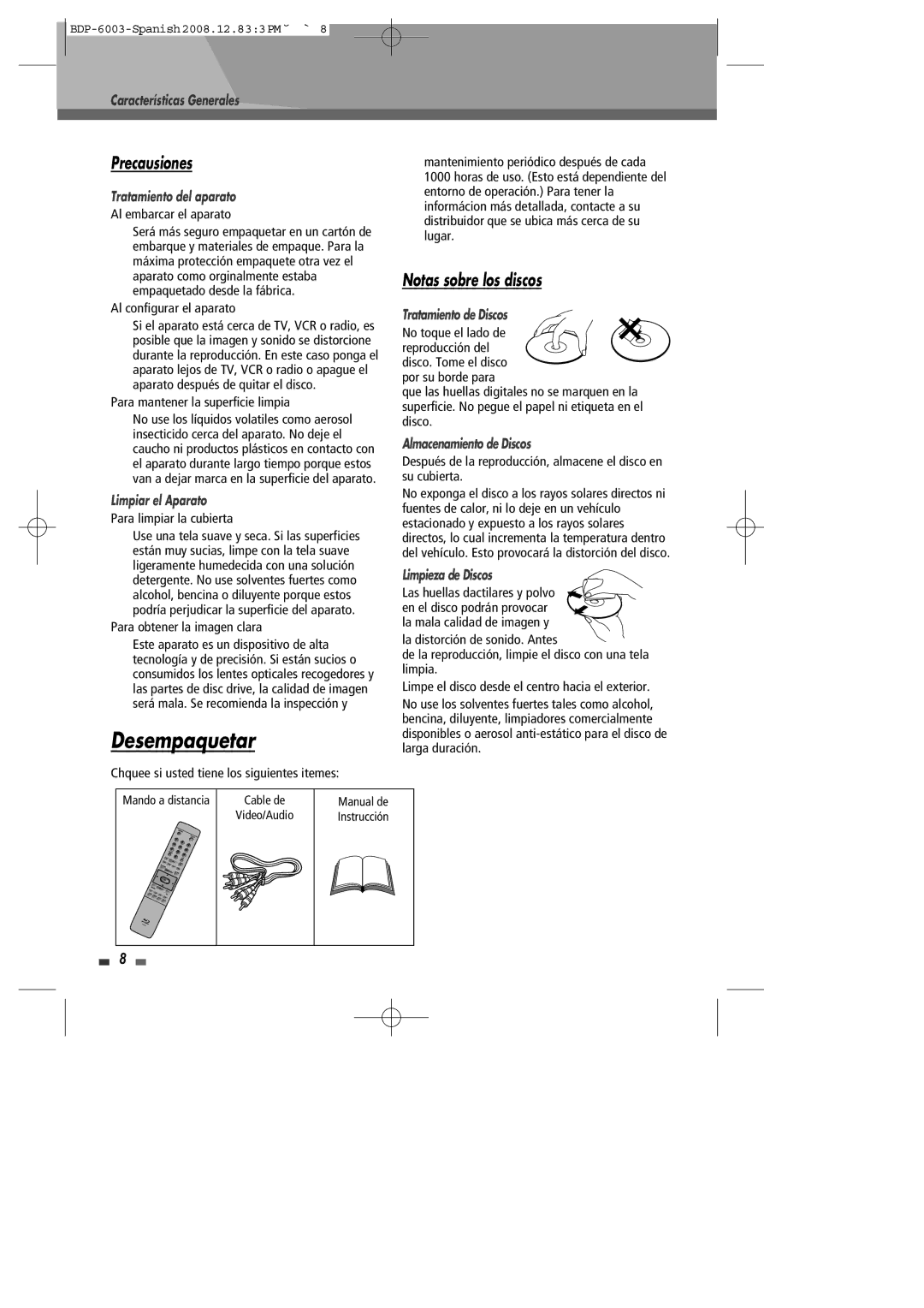 Sherwood BDP-6003 manual Desempaquetar, Precausiones, Notas sobre los discos 