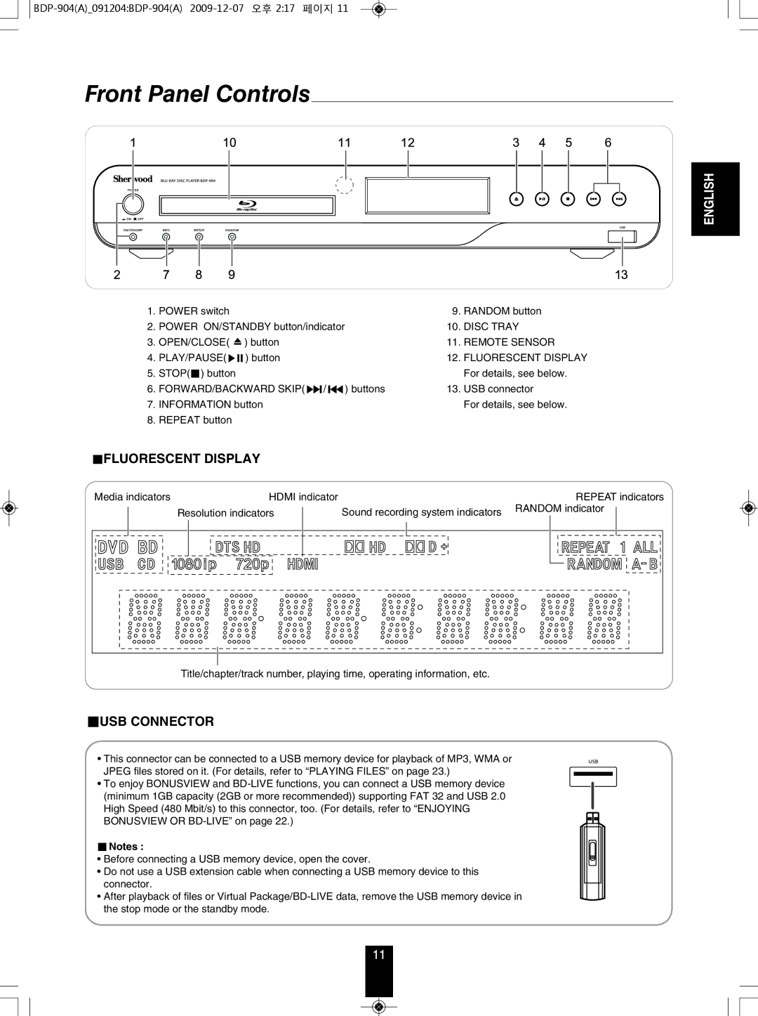 Sherwood BDP-904 manual Front Panel Controls, Disc Tray, Open/Close, Remote Sensor, Fluorescent Display 