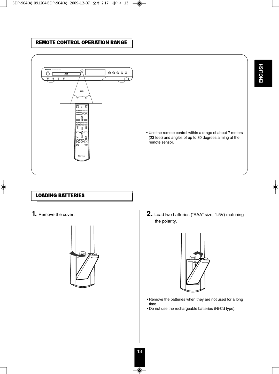 Sherwood BDP-904 manual Remote cONTROL Operation Range, Loading Batteries, Remove the cover 